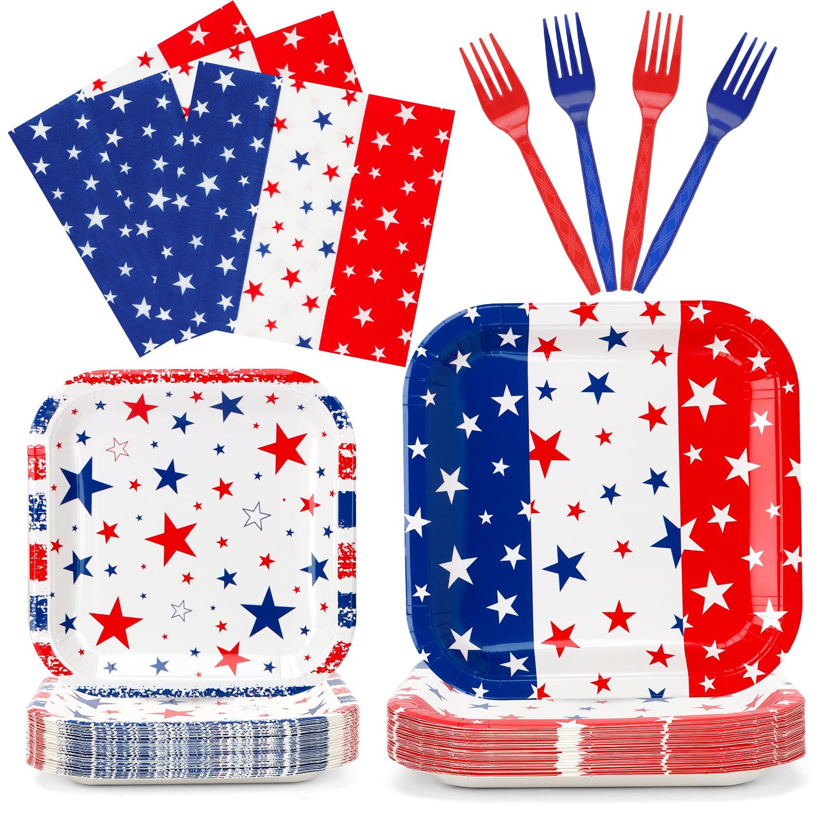 Patriotic Plates and Napkins,96Pcs 4th of July Tableware Set, American Flag Patriotic Party Supplies with Disposable Paper Plates, Napkins,Forks
