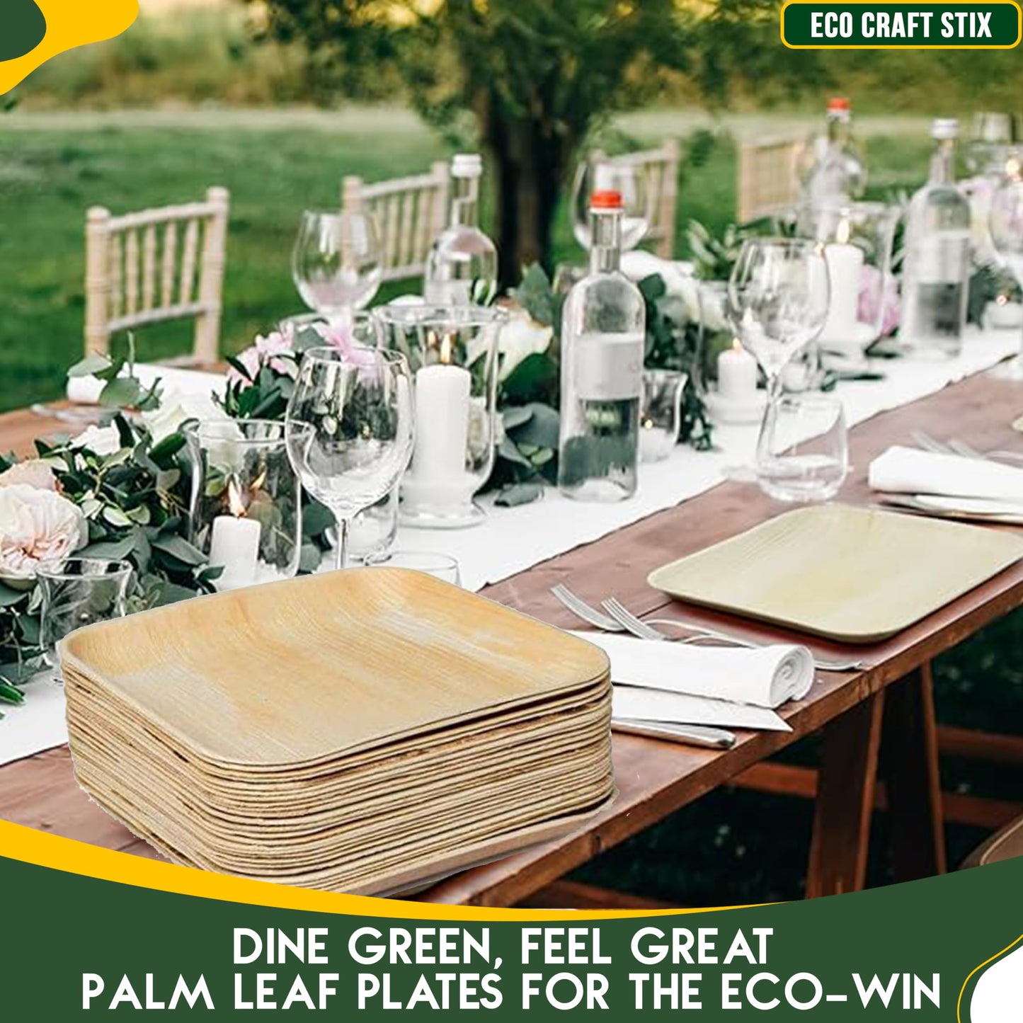 Eco Craft Stix 10 inch Square Palm Leaf Plates. Eco Friendly Dinnerware. Pack of 25 Plates. Eco-Friendly and Compostable Palm Plates. Sturdy