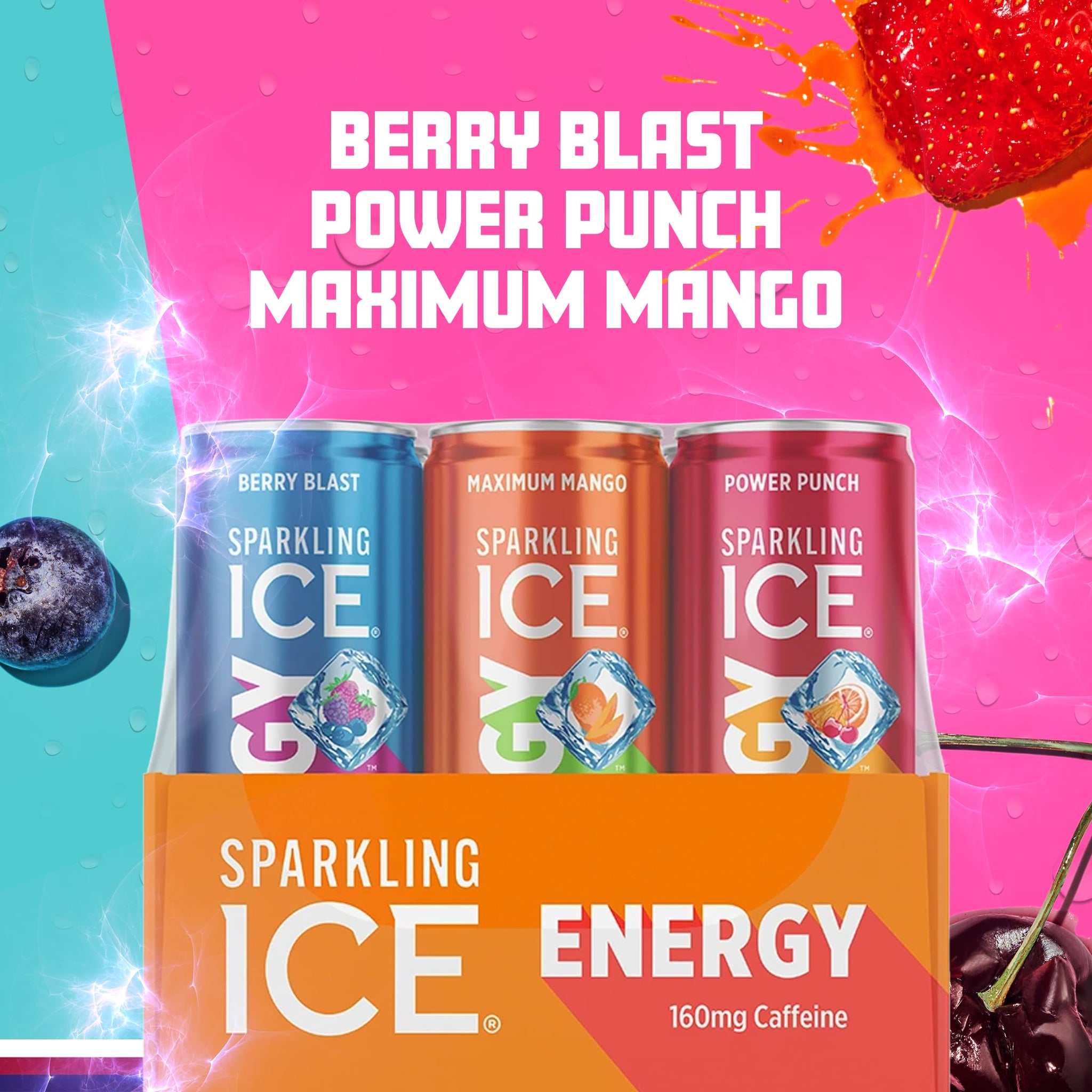 Sparkling Ice Energy Variety 12Pk. Energy Drinks with Vitamins + Antioxidants, Zero Sugar, Berry Blast, Maximum Mango, Power Punch flavors. 12 fl oz