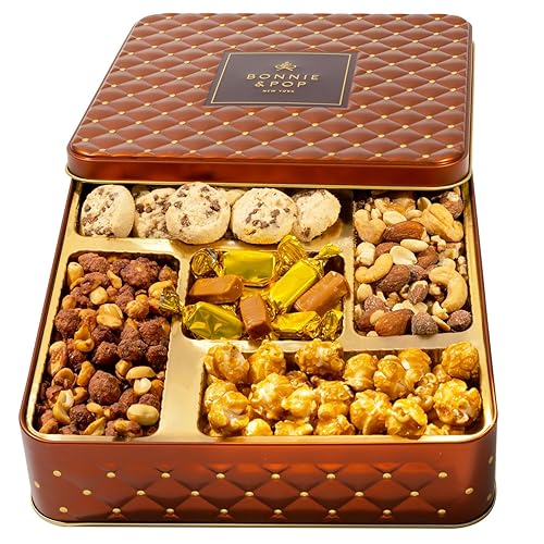 Caramels and Nut Sweet and Savory Gift Basket for Christmas Gifts, Dad, Men, Women, Holiday Parties | Gourmet Holiday Snack Tin Box | Churro Cinnamon
