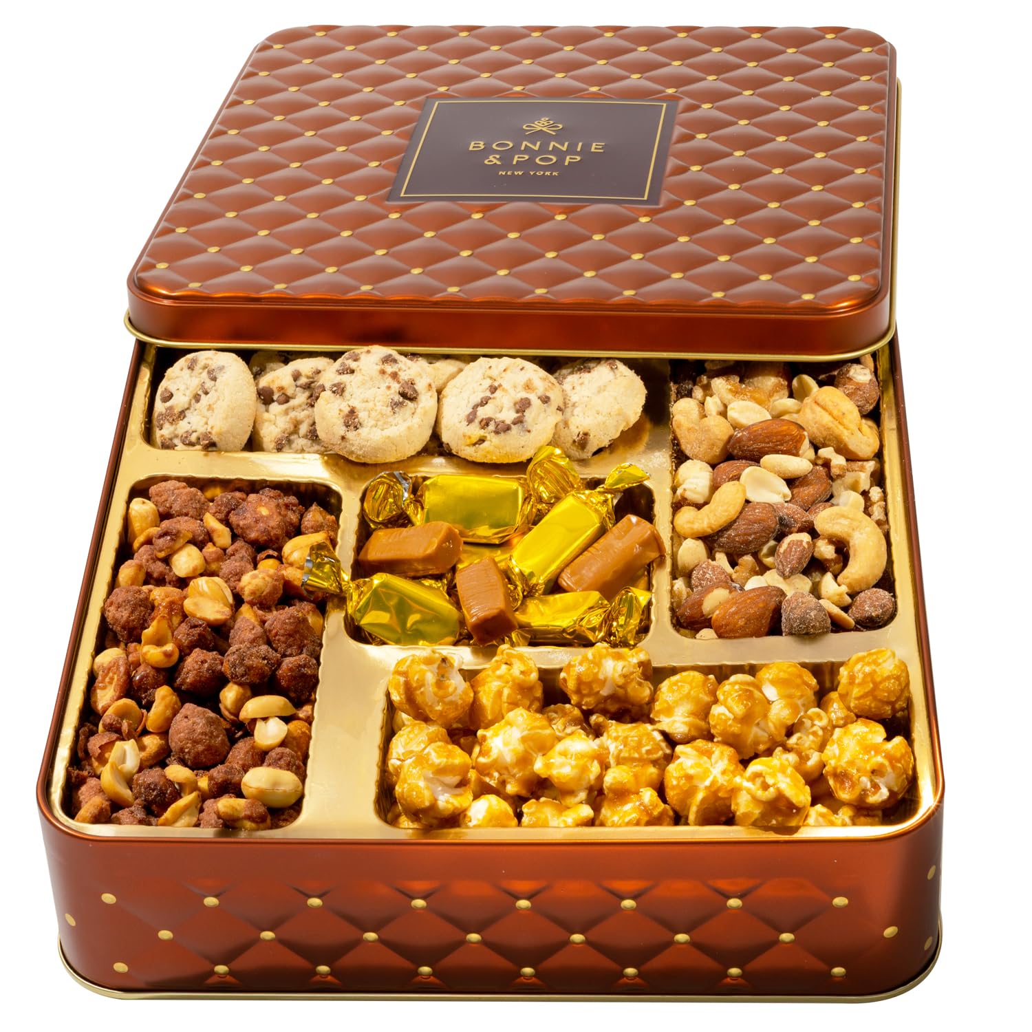 Caramels and Nut Sweet and Savory Gift Basket for Christmas Gifts, Dad, Men, Women, Holiday Parties | Gourmet Holiday Snack Tin Box | Churro Cinnamon