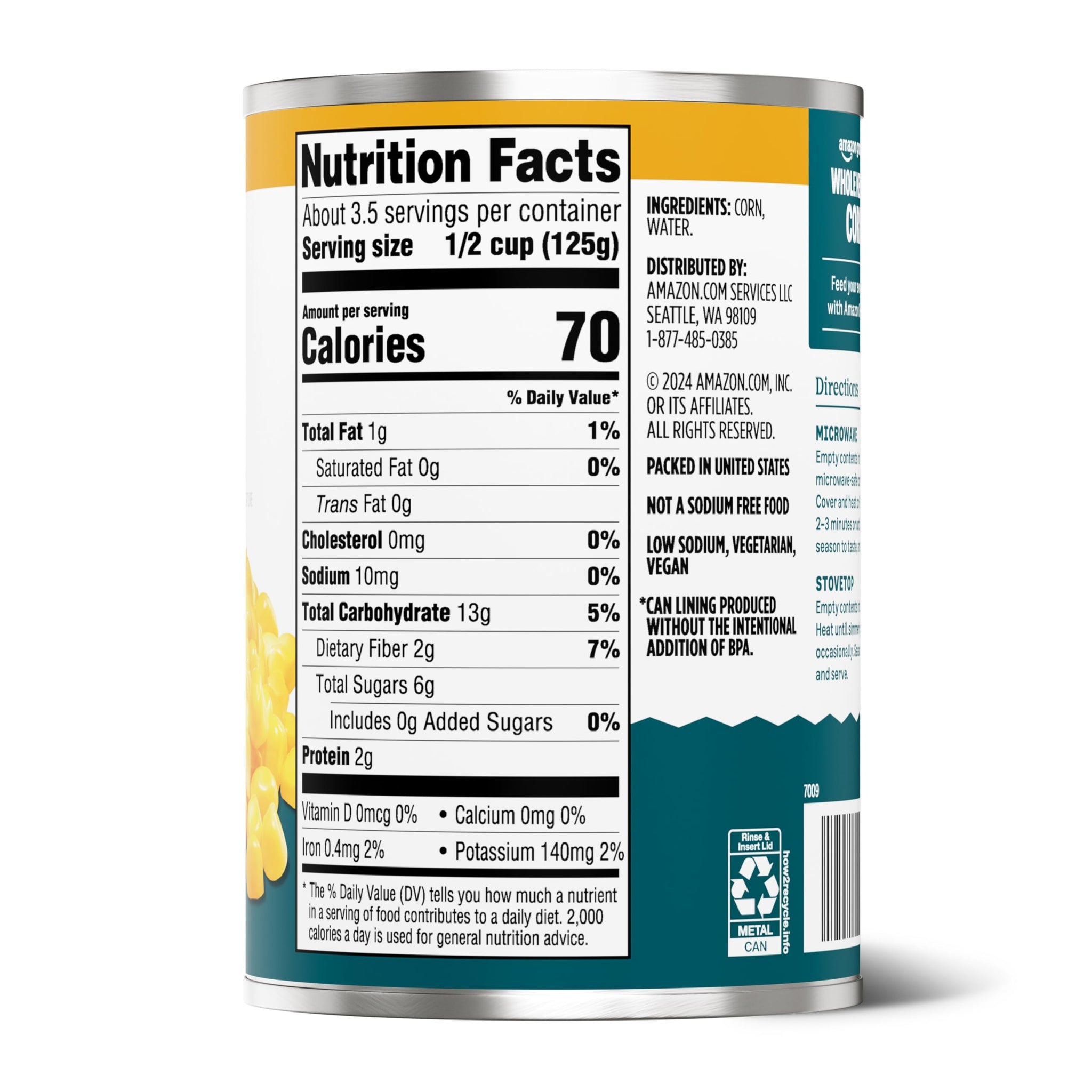 Amazon Grocery, Canned Whole Kernel Corn, No Salt Added, 15.25 Oz