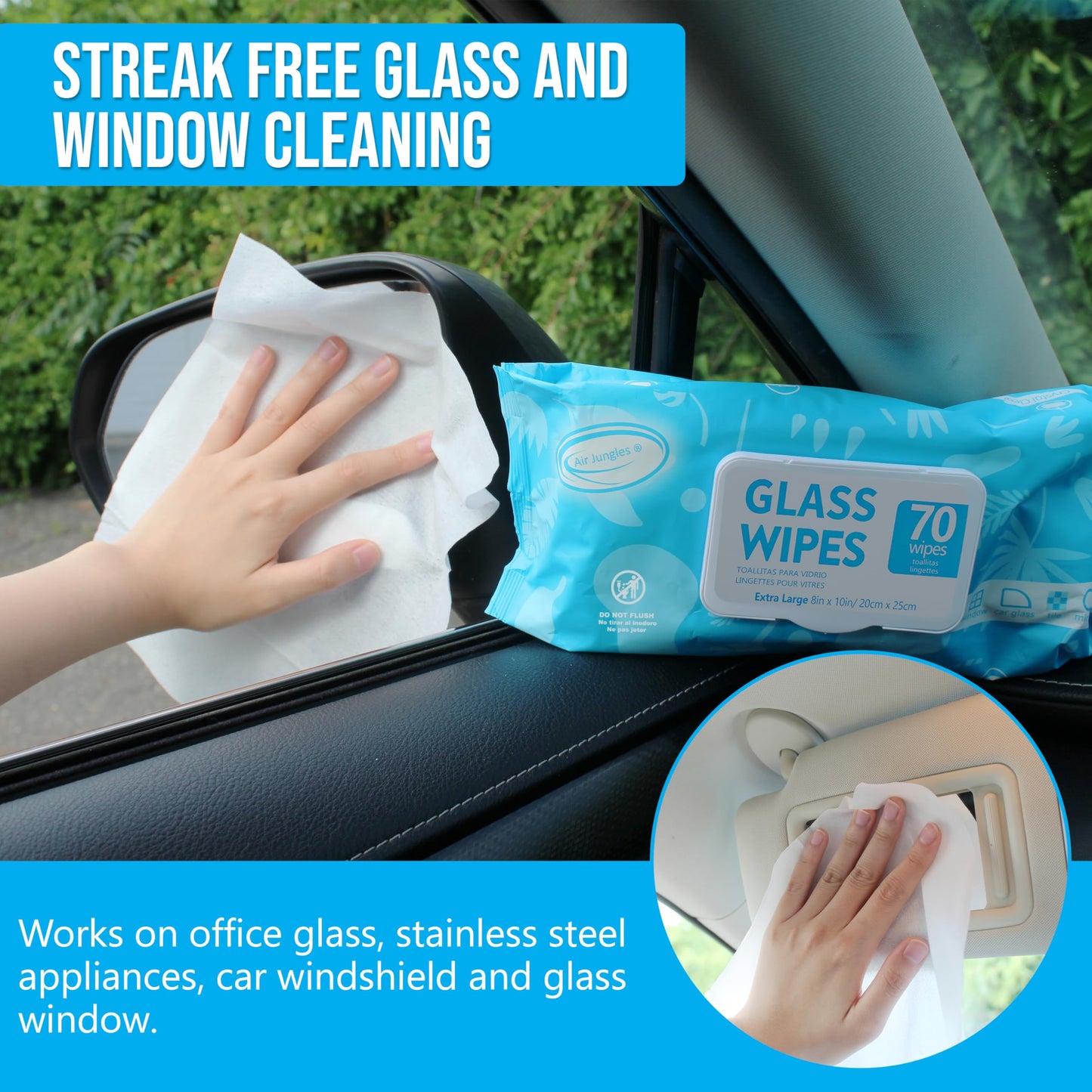 Air Jungles Glass Cleaner Wipes 70 Count, No Cloth Needed, XL 10" x 8" Streak Free Cleaning Wipes for Windows, Mirrors, Car Windshield, Removes