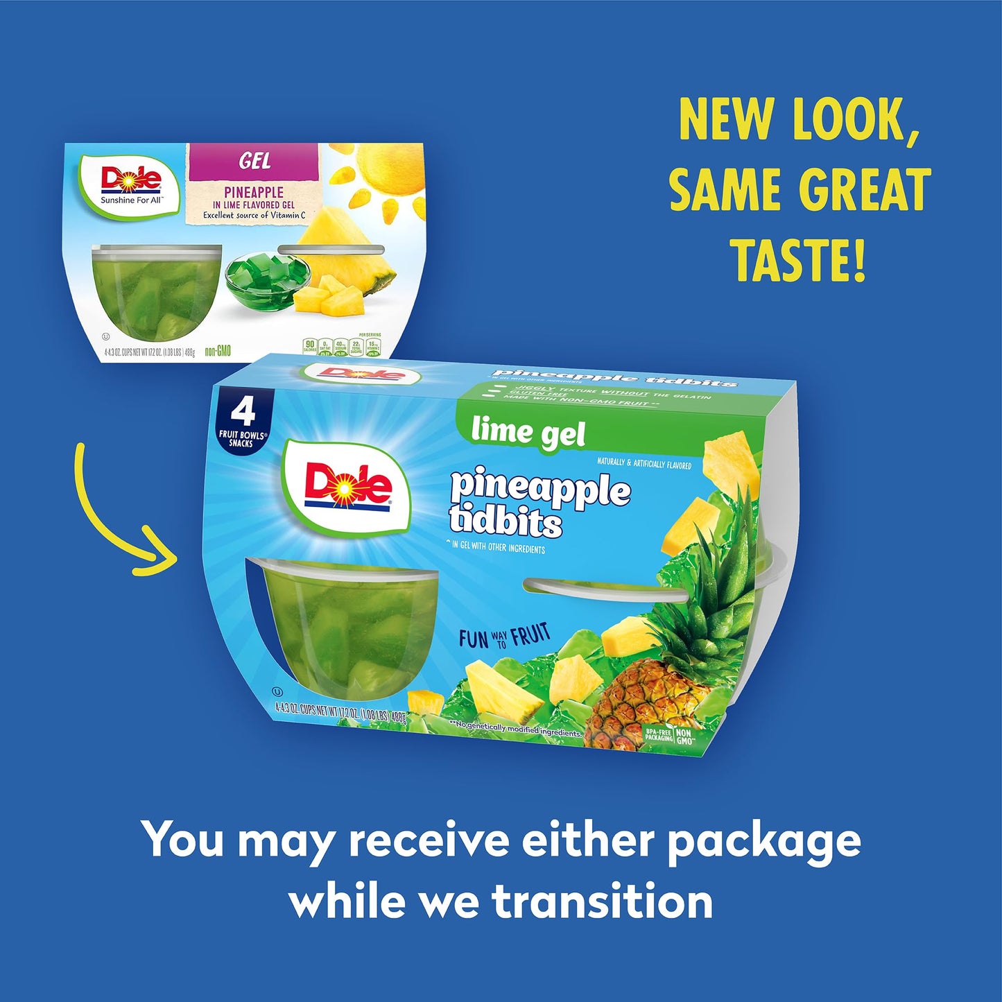 Dole Fruit Bowls Pineapple in Lime Flavored Gel Snacks, 4.3oz 4 Total Cups, Gluten & Dairy Free, Bulk Lunch Snacks for Kids & Adults