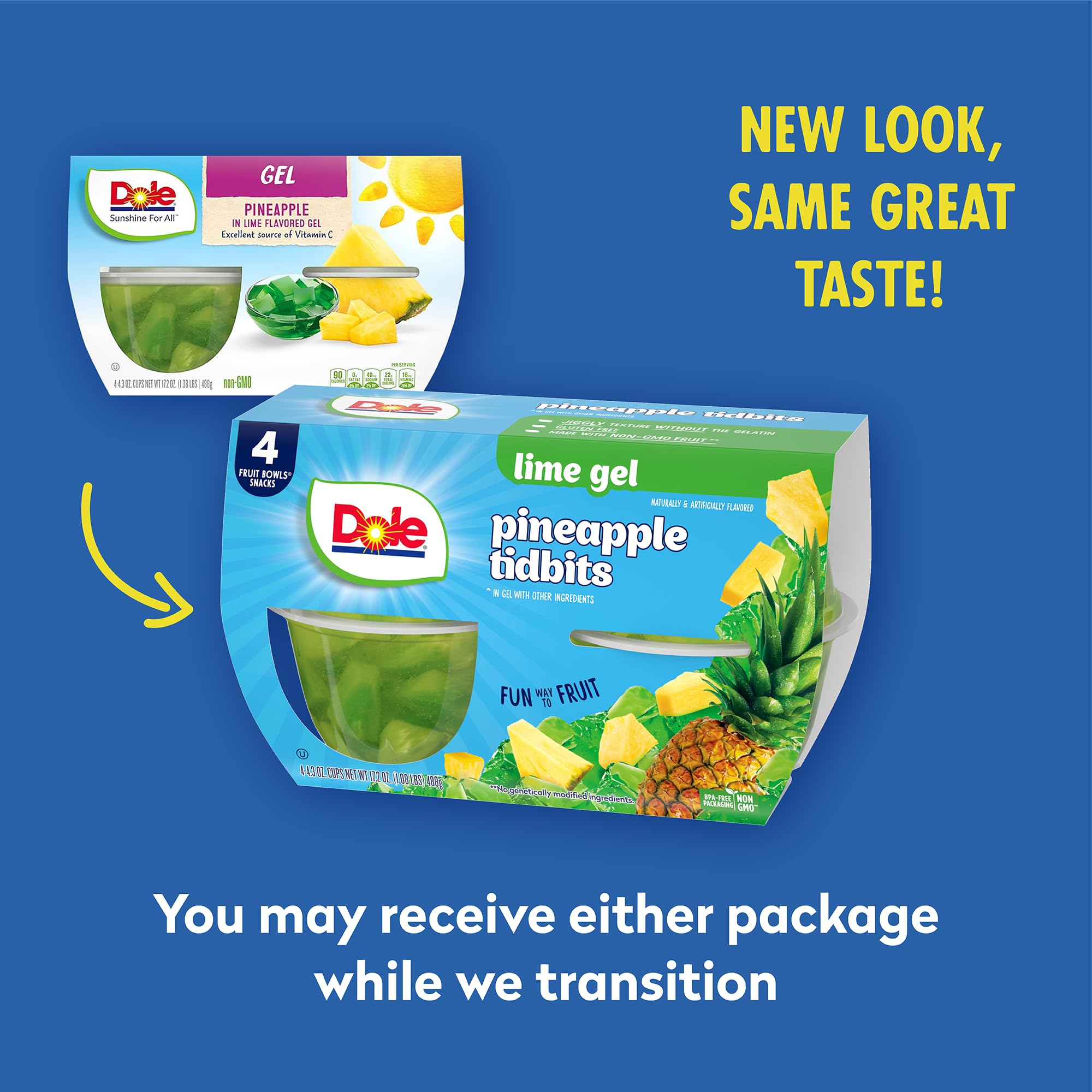 Dole Fruit Bowls Pineapple in Lime Flavored Gel Snacks, 4.3oz 4 Total Cups, Gluten & Dairy Free, Bulk Lunch Snacks for Kids & Adults