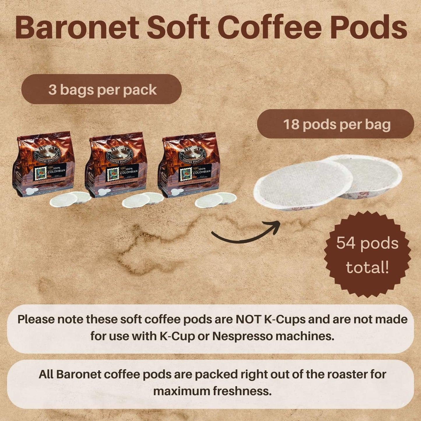 Baronet Coffee Pods [100% Colombian - 54 Pods] Single Cup Use for Senseo Coffee Machine - 3 Bags of 18 Single Serve 8 Gram, Regular Strength, Medium