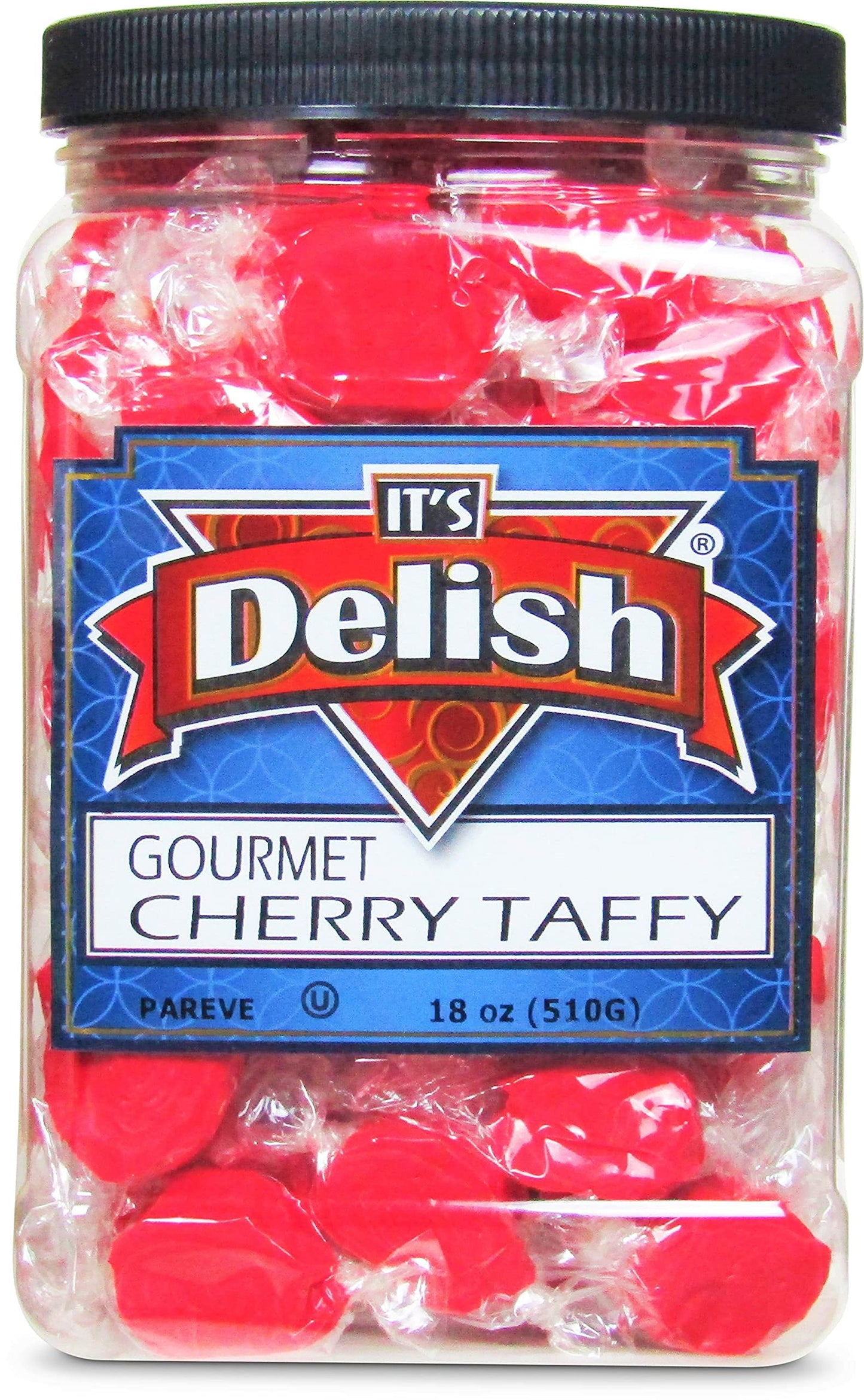 Cherry Red Taffy Chews by It's Delish, 18 Oz Jumbo Container - Individually Wrapped Gourmet Soft Fluff Taffy - Great Candy for Red Themed Parties, USA