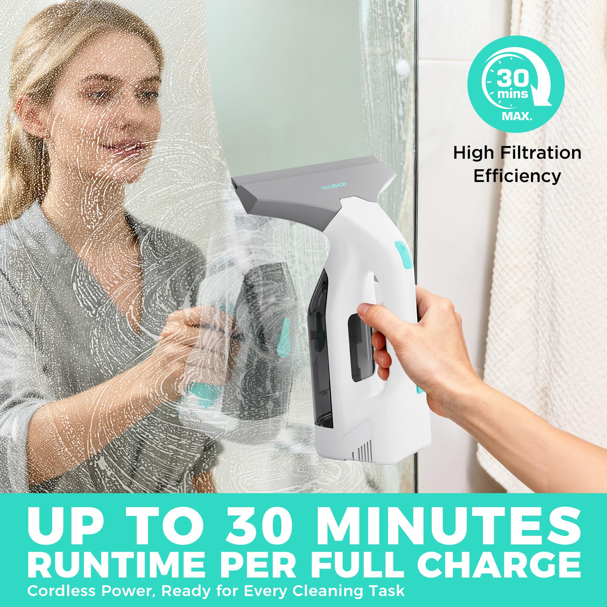 HAUSHOF Electric Window Vacuum Squeegee 11", Vacuum Squeegee Cordless Cleaner Tool Set, Window Vac with 300ml Spray Bottle & 100ml Water Tank