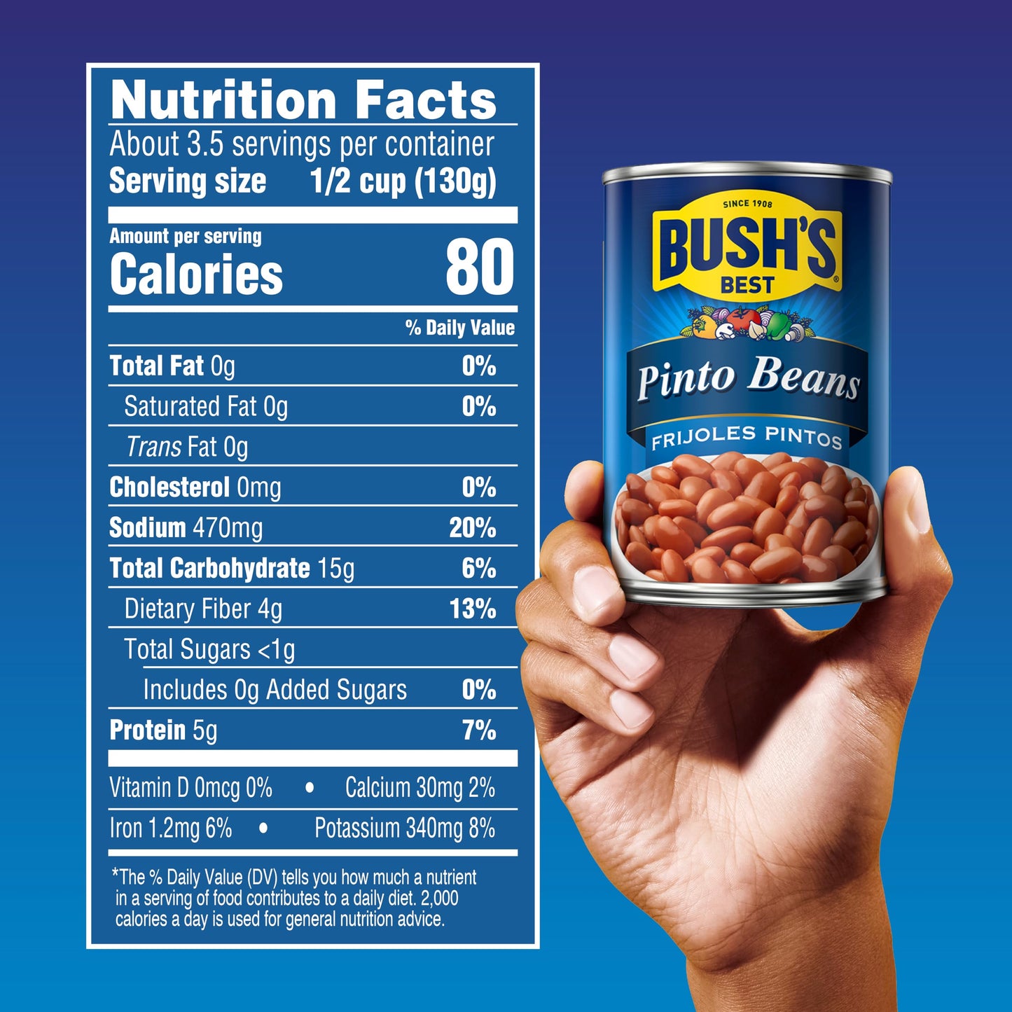 BUSH'S BEST Pinto Beans, 16 Ounce Can, Canned Beans, Pinto Beans Canned, Source of Plant Based Protein and Fiber, Low Fat, Gluten Free, For Soups