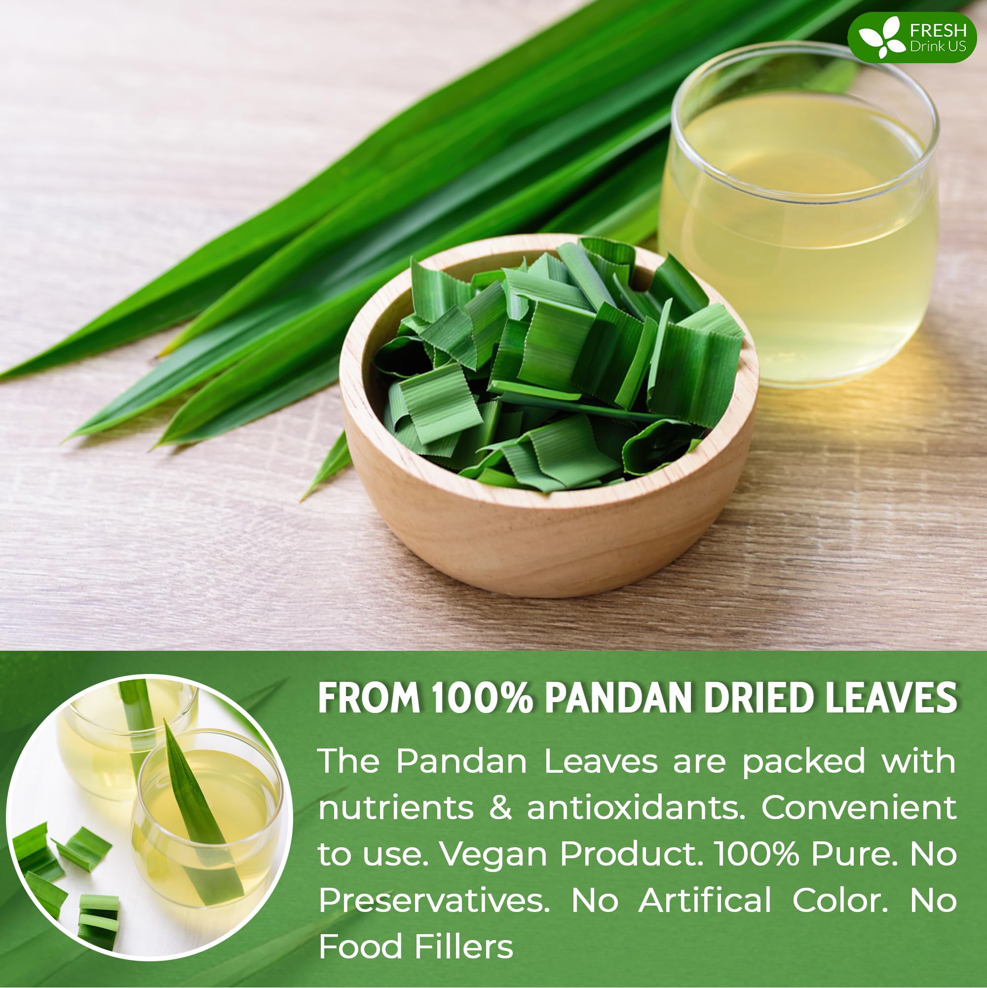 FreshDrinkUS, Premium 4.5oz Natural Pandan Leaves Dried, 100% Pure Dried Pandan Leaves, Pandan Leaf Tea, No Additives, No Caffeine, Vegan