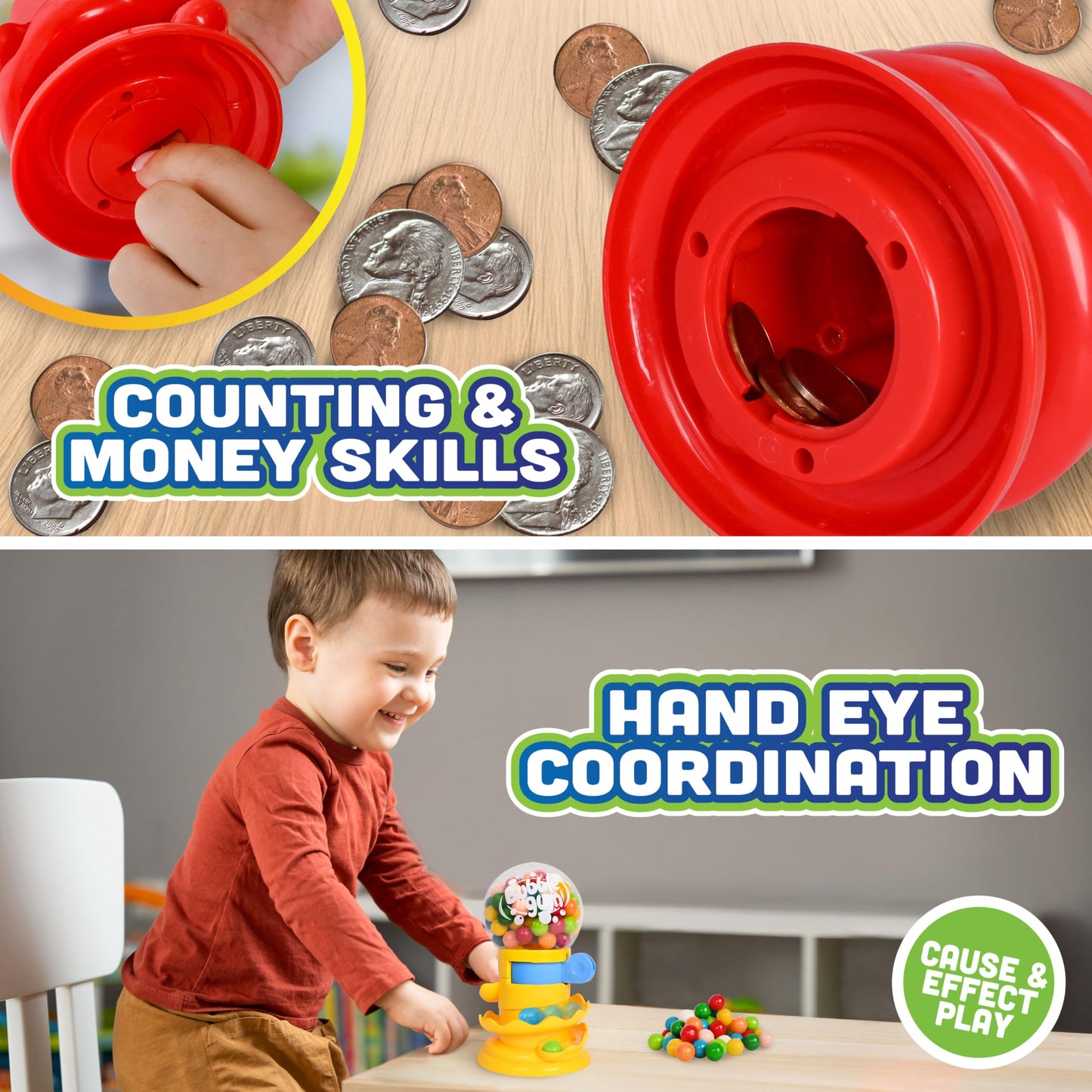 Toymendous Gumball Machine for Kids with Gumballs - Bubble Gum Mini Candy Dispenser | Piggy Bank for Kids - Receive Red or Yellow Machine Colors May