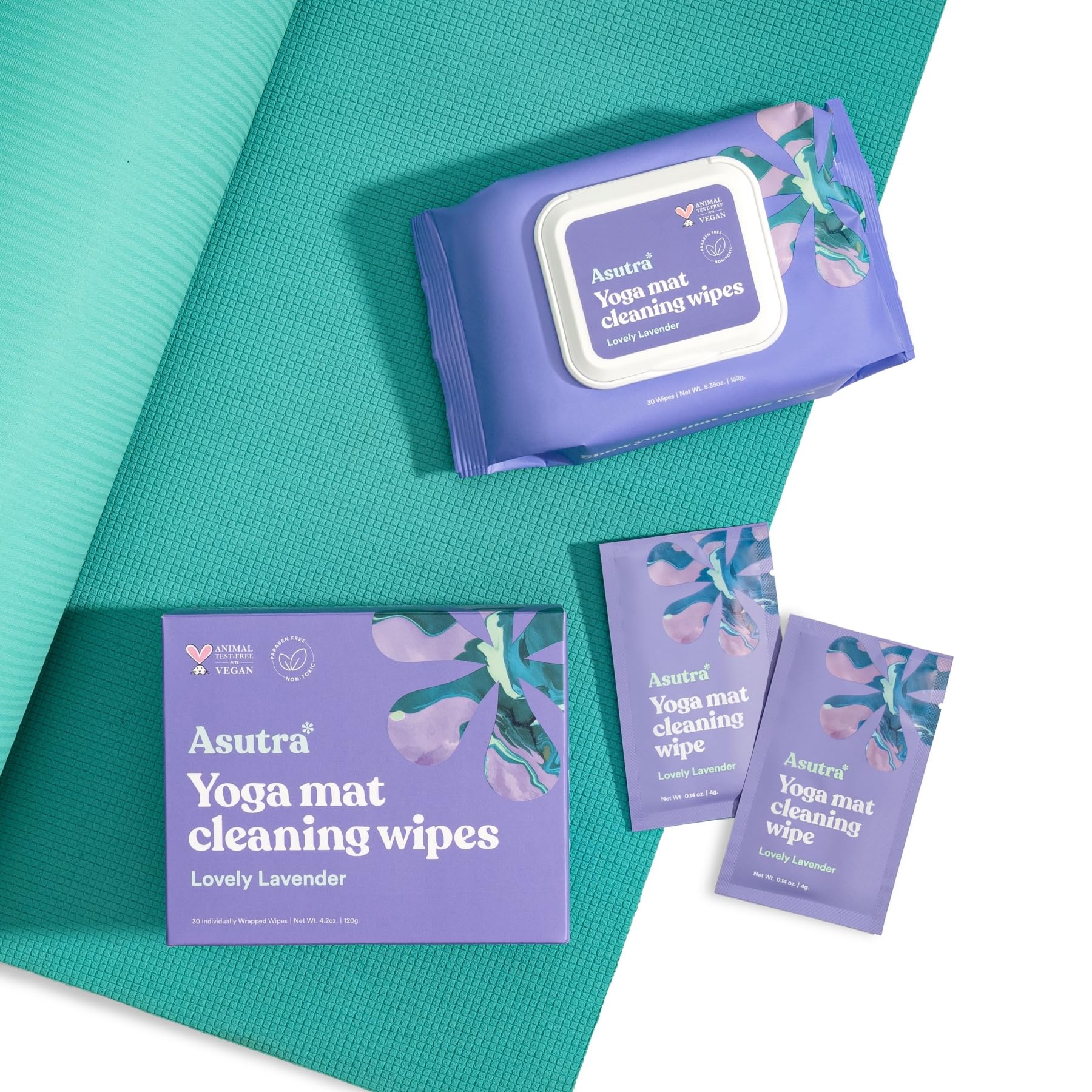 ASUTRA Yoga Mat Cleaning Wipes (Lovely Lavender), Individually Wrapped Wipes, 2 Boxes (30 Each) - No Slippery Residue, Deep-Cleansing for Fitness Gear