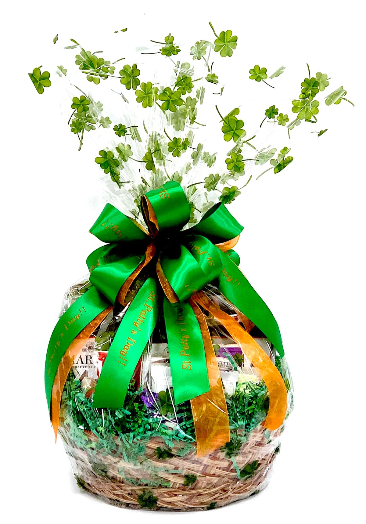 St. Patrick's Day Gift Basket Stuffed with Assorted Chocolates, Cookies and Snacks Hand-Crafted with a double bow for Patty's Day shamrock lovers