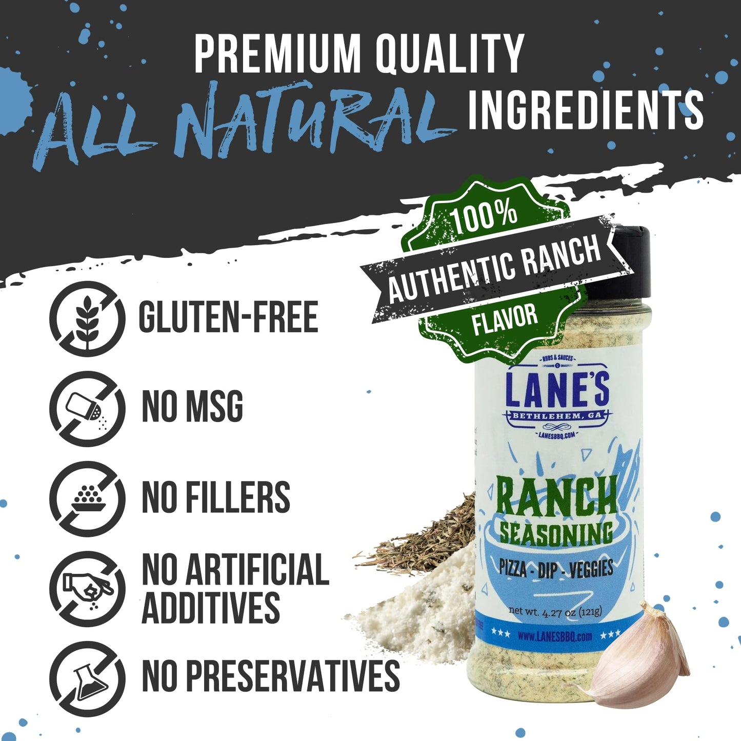 Lane's Ranch Seasoning Powder, 4.27 oz - Versatile Ranch Powder for Wings, Veggies, Popcorn, Dips, Dressing & Pizza - Bold Buttermilk Herb Flavor