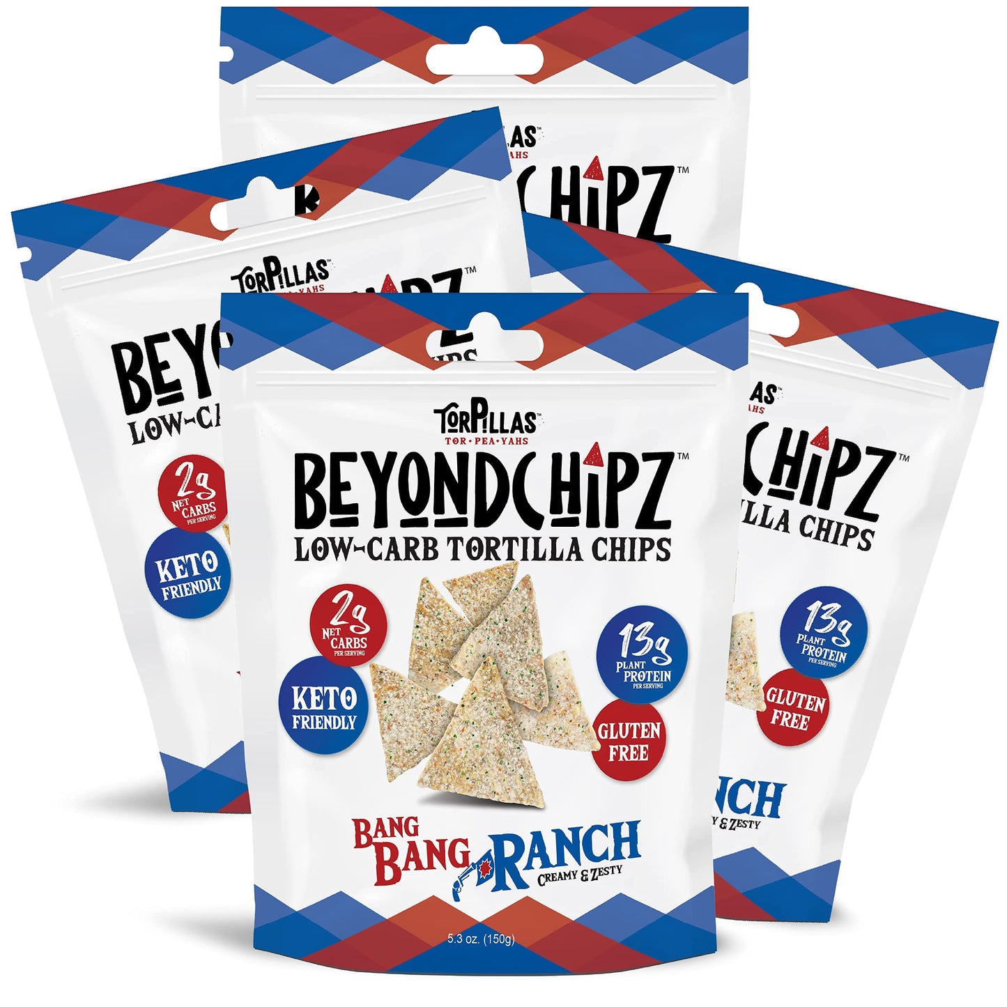 BeyondChipz Low Carb Tortilla Chips, Bang Bang Ranch, Keto Friendly, Gluten Free, 5.3oz Bag, Pack of 4