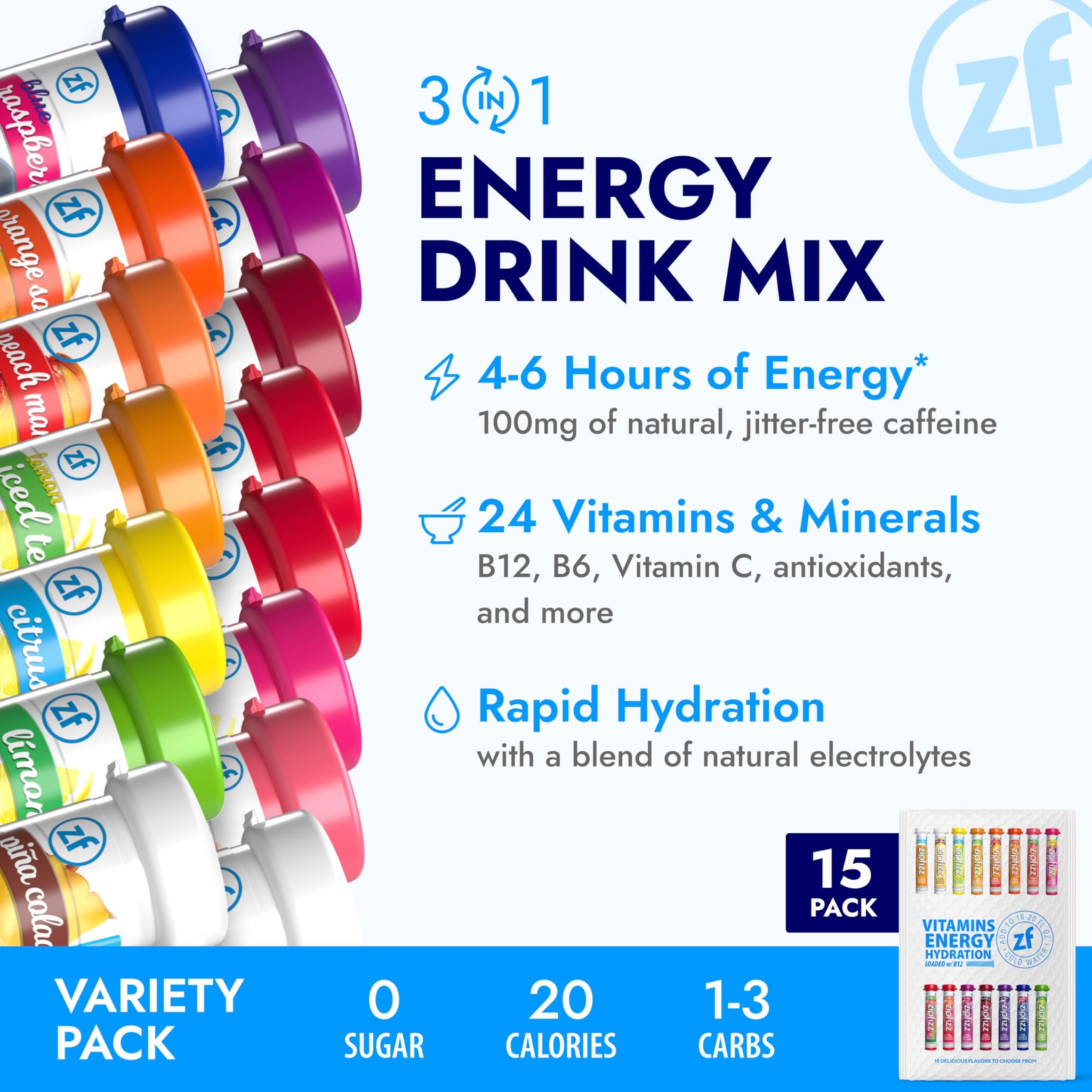 Zipfizz Daily Energy Drink Powder, Variety Pack, 15 Pack | 3-in-1 Sustained Energy, Rapid Hydration, and Essential Vitamins | Sugar-Free | Electrolyte