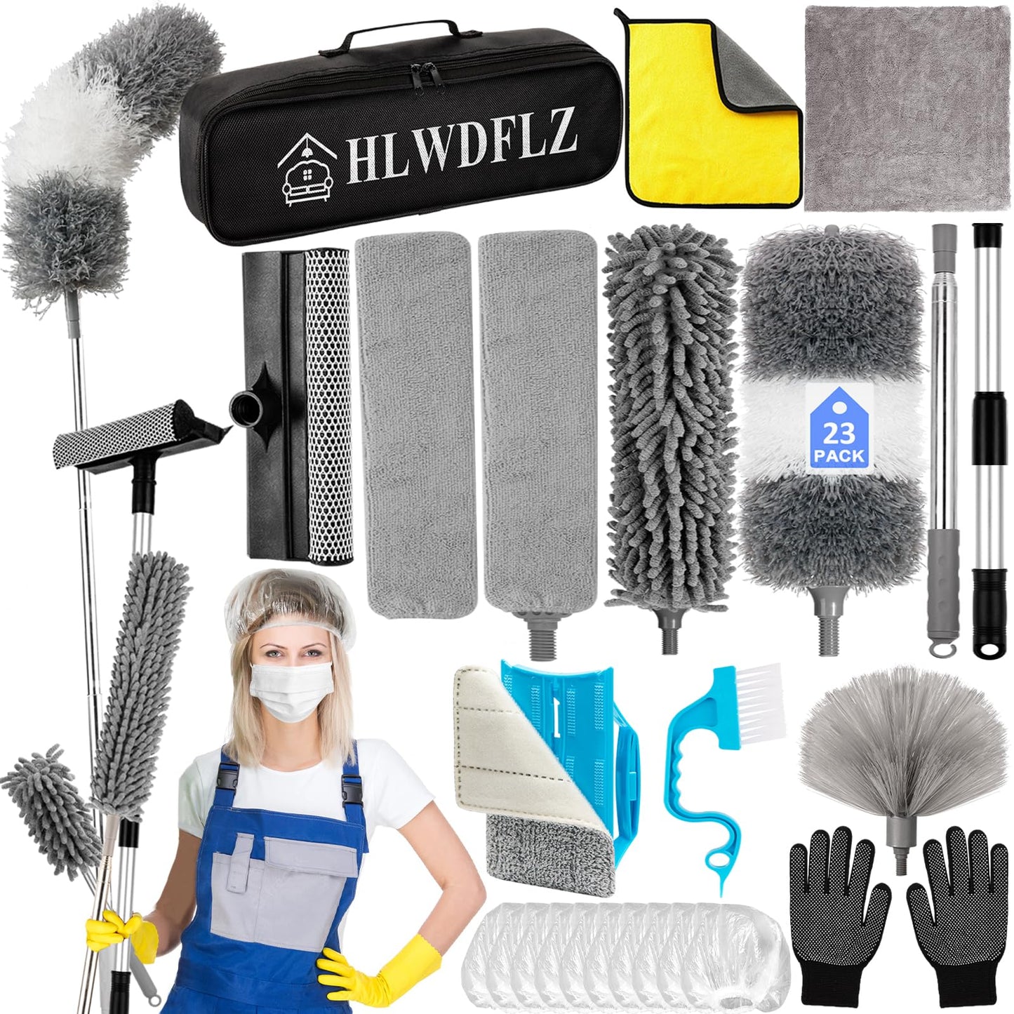 HLWDFLZ Microfiber Duster Kit 23pcs with 30 to 100 Inches Extension Pole and Extendable Window Squeegee, Washable and Bendable Feather Duster
