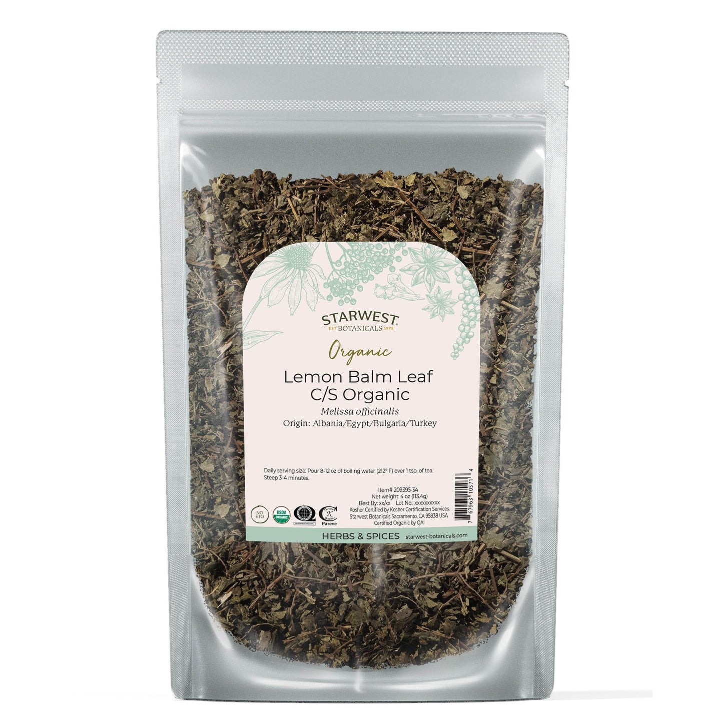 Starwest Botanicals Organic Lemon Balm Leaves - Dried Herb for Tea, Loose Leaf Natural Herb, Cut & Sifted Lemon Balm, Certified Kosher, Non-GMO - 4 oz