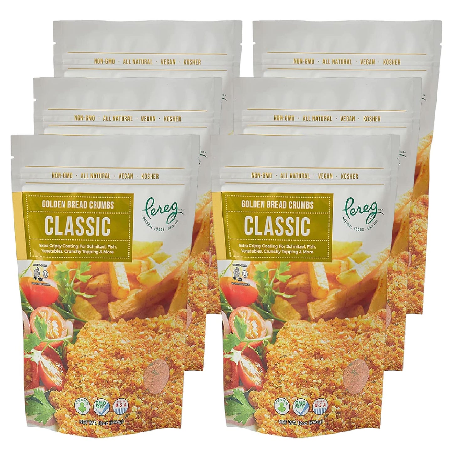 Pereg Bread Crumbs Classic (12 Oz x 6 Pack) - Crispy Breadcrumbs for Coating & Stuffing - Coat Burger, Schnitzel, Vegetables, Meatballs - Kosher Certified - Resealable Packaging