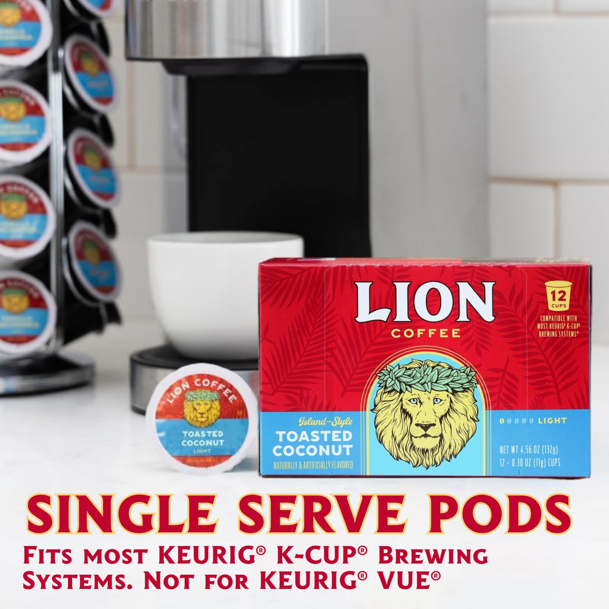 Lion Coffee Toasted Coconut Flavored Medium Roast Coffee Pods - Single-Serve Pods - Hawaiian Inspired Flavor - Arabica Coffee - Compatible