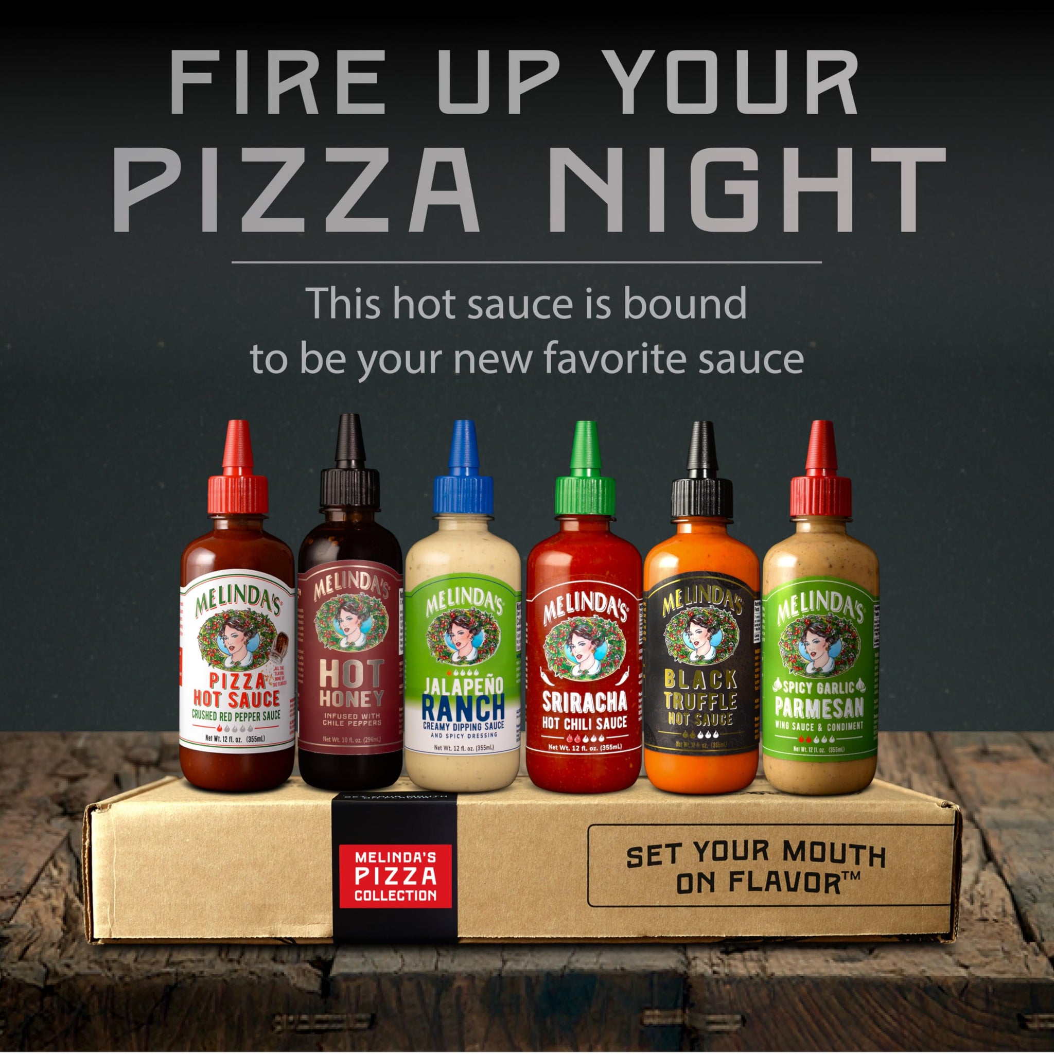 Melinda’s Pizza Collection - 6 Pack (70 Oz) - Gourmet Pizza Hot Sauce Gift Set with Hot Honey, Black Truffle, Jalapeño Ranch & More - Gluten Free