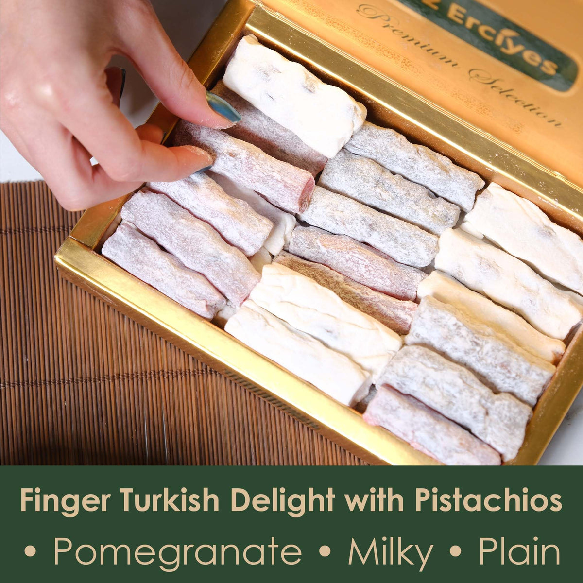 Finger Turkish Delight - Pistachio, Pomegranate & Milk Lokum Candy, Traditional Turkish Sweets Box, Gourmet Arabic Dessert, Dulces Turcos, 17.6 oz
