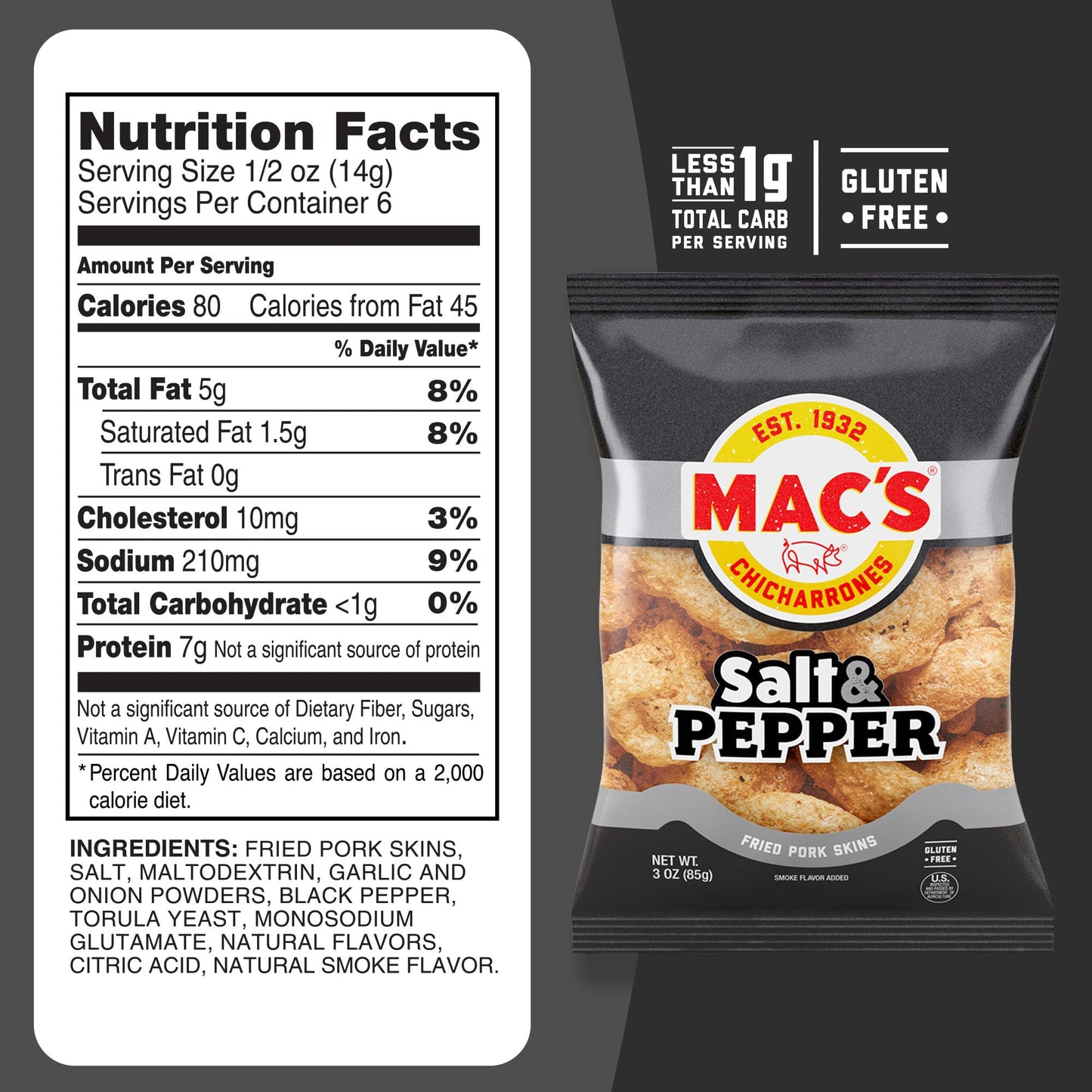 Mac's Salt and Pepper Fried Pork Skins - Salt & Pepper Flavored Chicharrones Pork Rinds - Low Carb, Gluten-Free, Keto-Friendly Snack- 3oz (12-Pack)