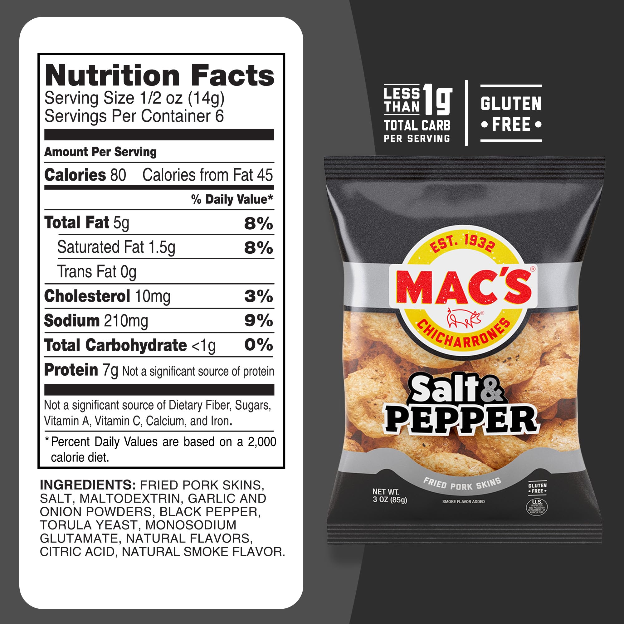 Mac's Salt and Pepper Fried Pork Skins - Salt & Pepper Flavored Chicharrones Pork Rinds - Low Carb, Gluten-Free, Keto-Friendly Snack- 3oz (12-Pack)
