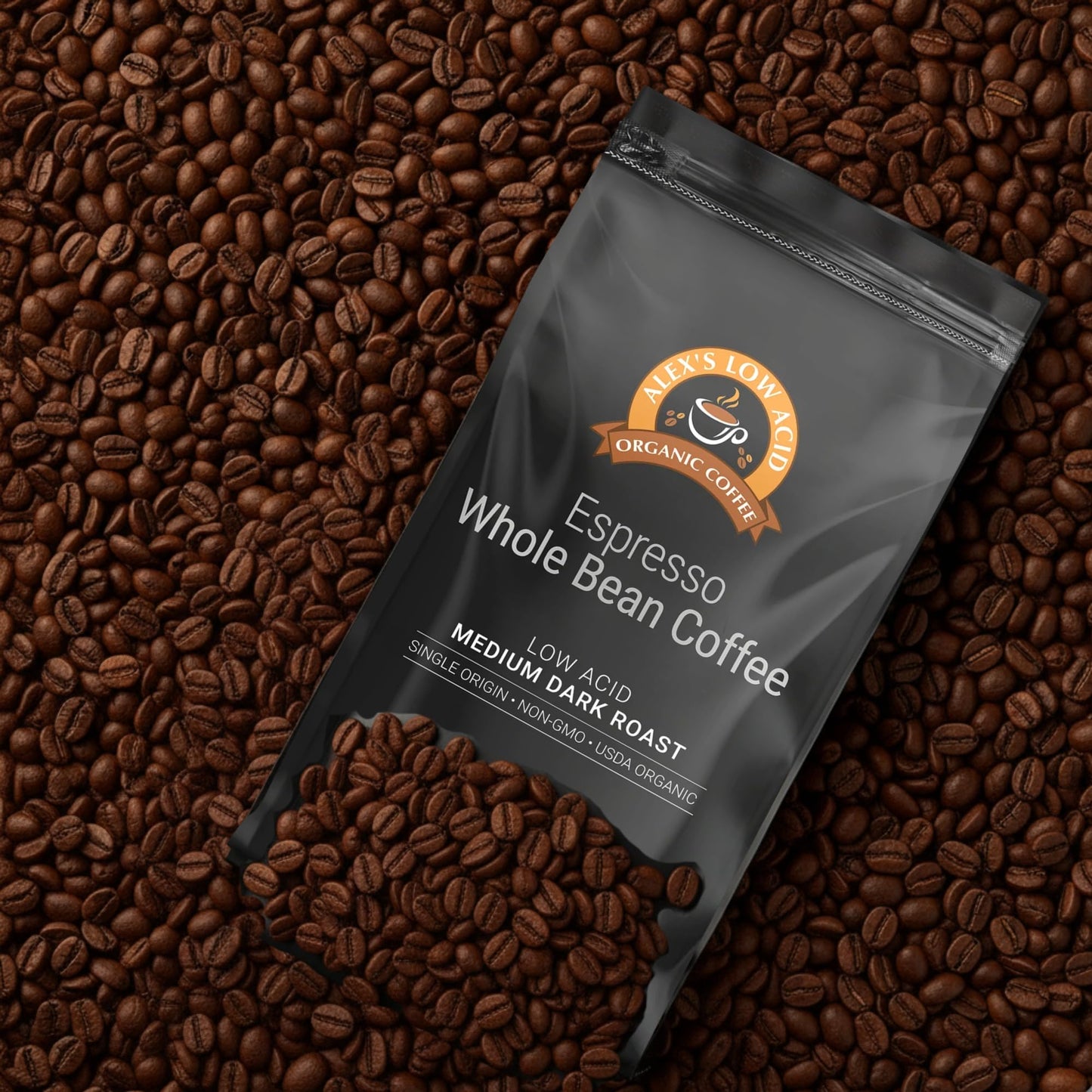Alex's Low Acid Organic Coffee 12oz Bag - Whole Bean Espresso, Medium Dark Roast (1 Pack)