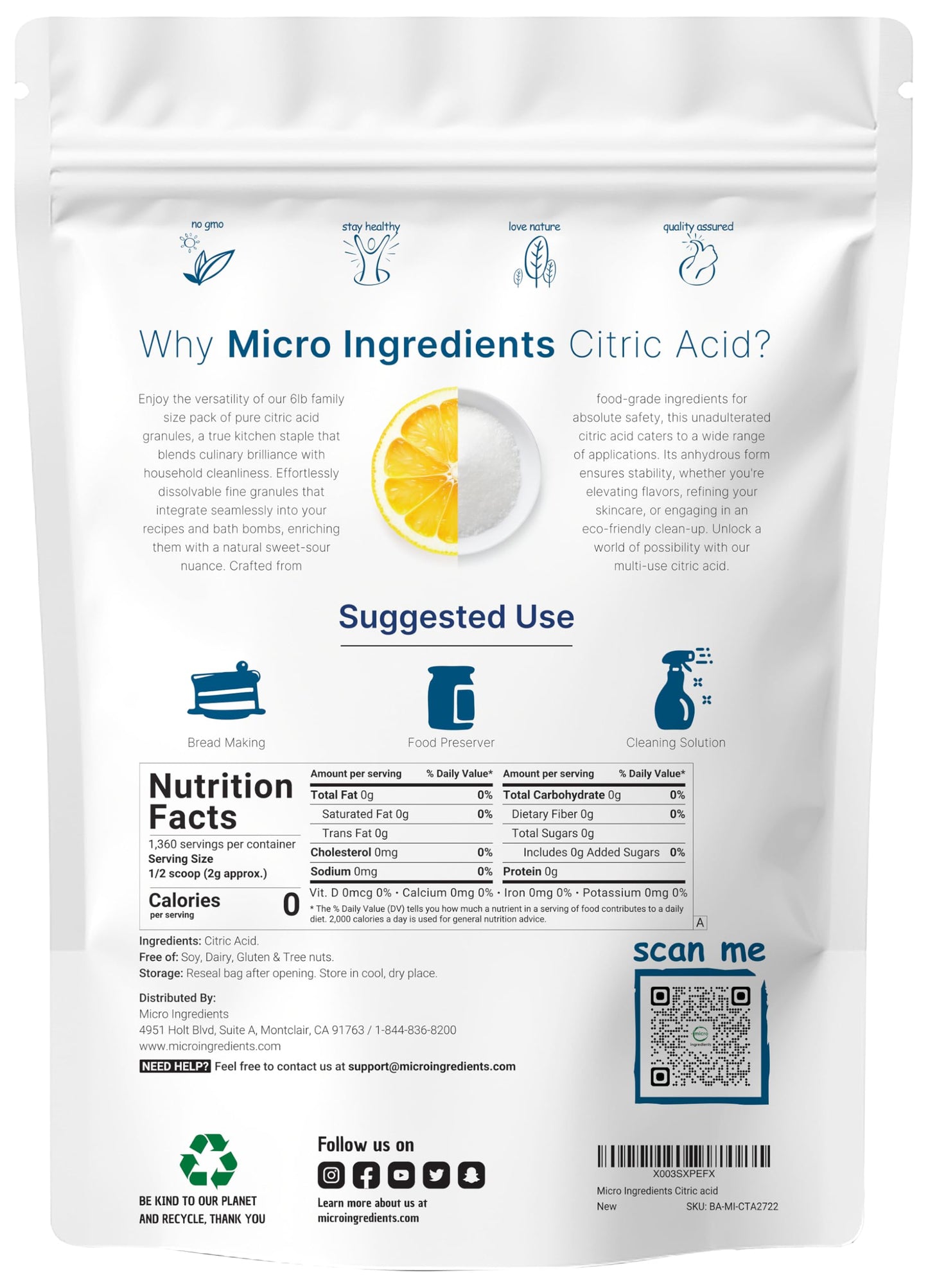 Citric Acid 6 Pounds, Food Grade, Fine Granular Powder | 100% Pure, Concentrated Anhydrous Form | Natural Preservative + Great for Cooking, Cleaning