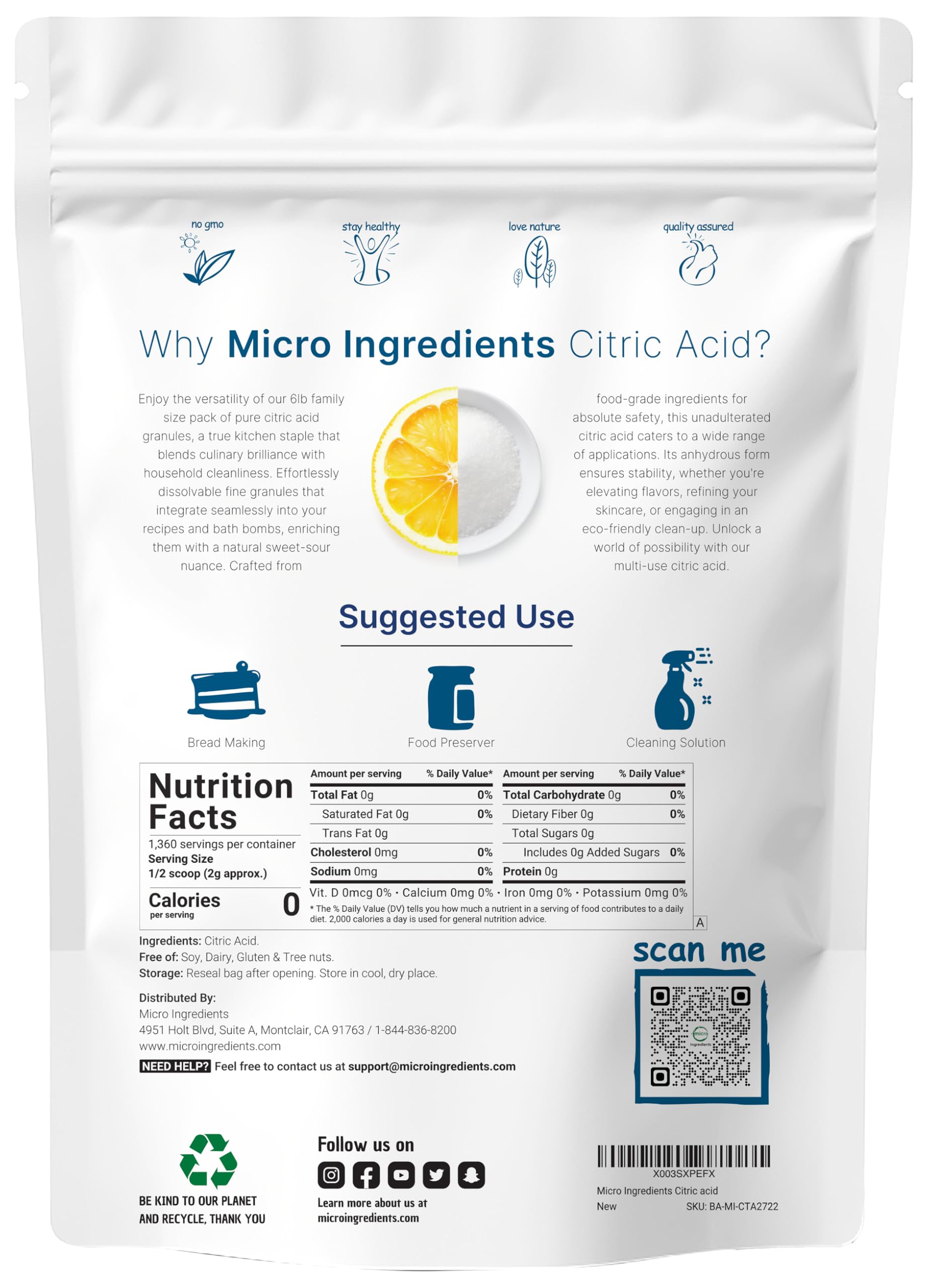 Citric Acid 6 Pounds, Food Grade, Fine Granular Powder | 100% Pure, Concentrated Anhydrous Form | Natural Preservative + Great for Cooking, Cleaning
