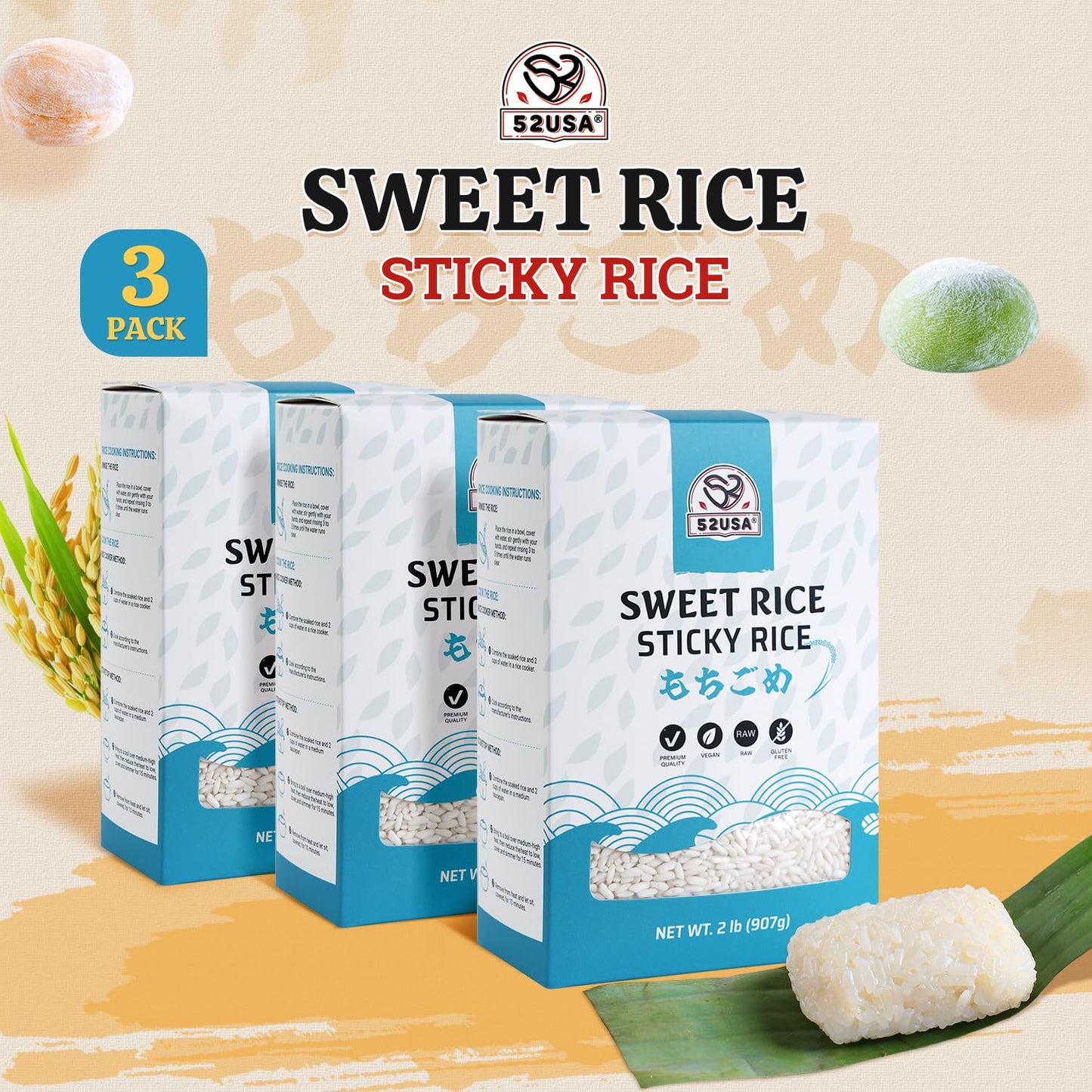 52USA Sweet Sticky Rice 2 Pound (Pack of 3), Premium Glutinous Rice 96 Ounce (2721g), Gluten-Free, Vegan, All Natural, White Rice, Rich in Fibers