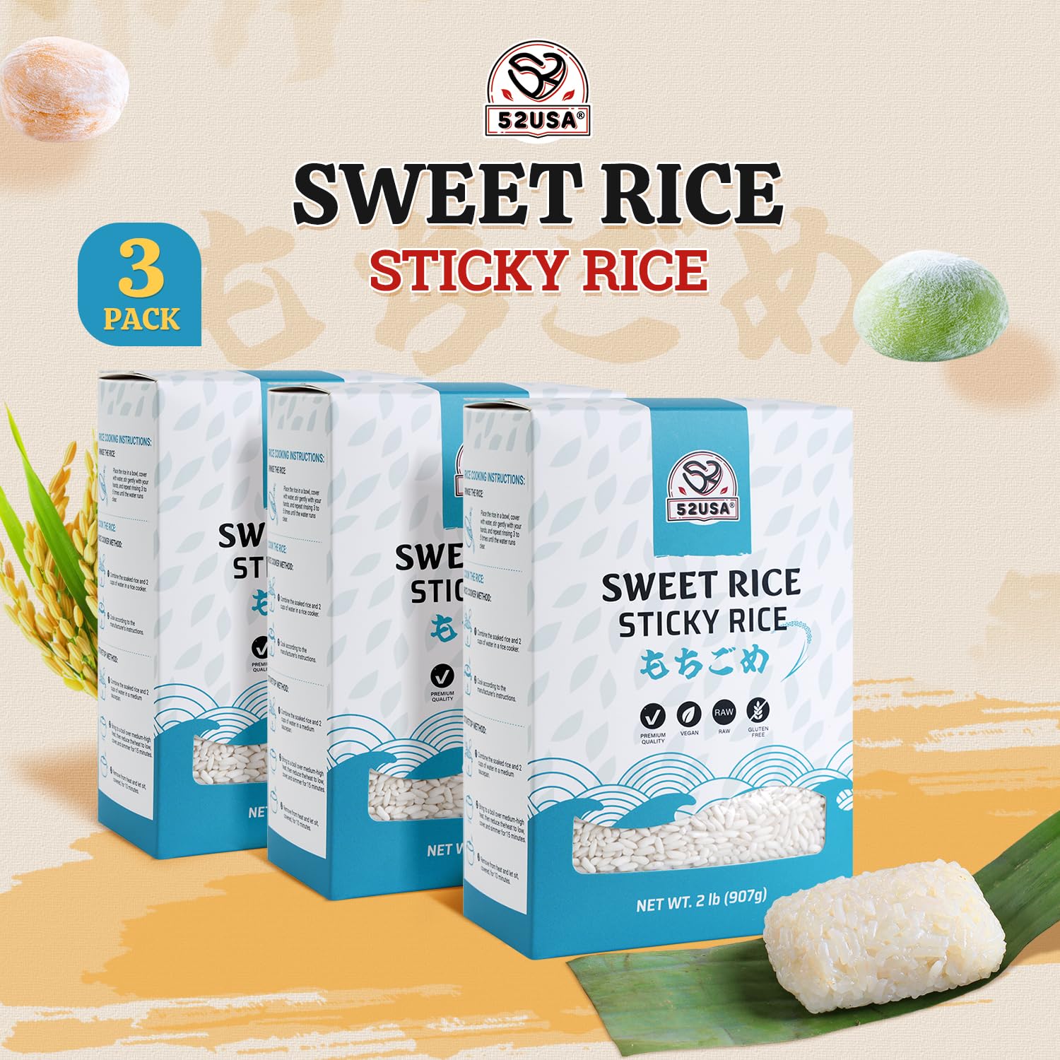 52USA Sweet Sticky Rice 2 Pound (Pack of 3), Premium Glutinous Rice 96 Ounce (2721g), Gluten-Free, Vegan, All Natural, White Rice, Rich in Fibers