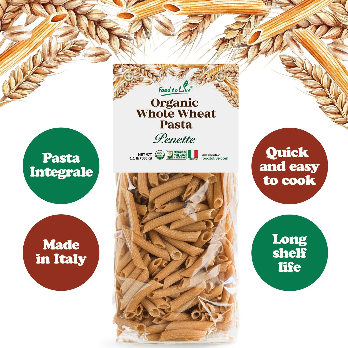 Food to Live Organic Pennette Whole Wheat Pasta 1.1 lb (Pack of 2) - Made in Italy. Pasta Integrale Bio. High Fiber, Non-GMO, Vegan, Bulk