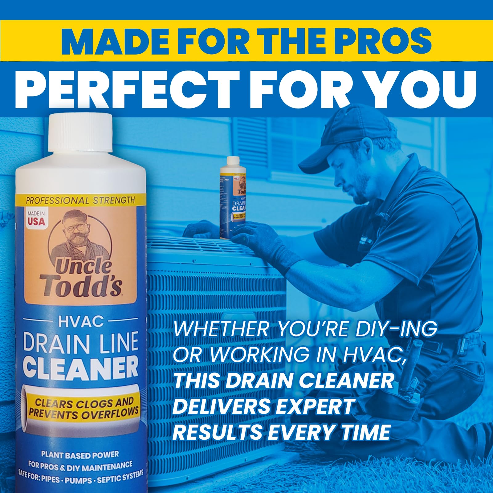 Uncle Todd's HVAC Drain Line Cleaner - 16 Months Supply Bleach-Free, Fast-Acting, Long-Lasting AC Drain Line Solution for Tough Clogs & Buildup