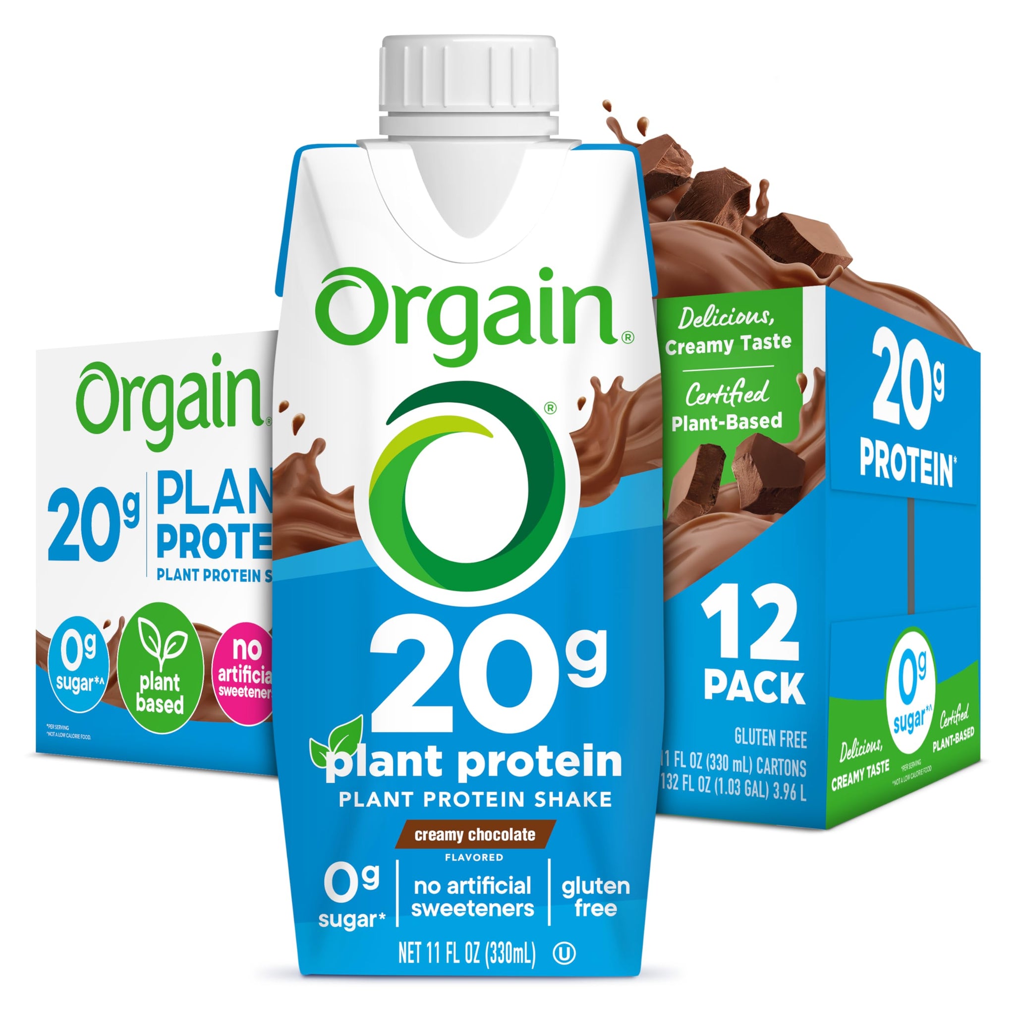 Orgain Organic Vegan Protein Shake, Creamy Chocolate - 20g Plant Based Protein, Ready to Drink, Fruits & Vegetables, Gluten Free, Kosher, No Soy or