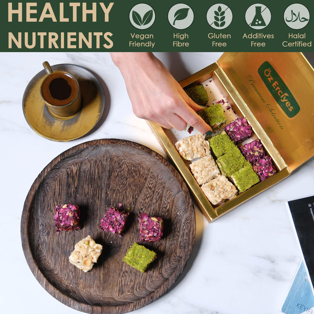 Rose & Pistachio Baklava Style Turkish Delight - Hazelnut Cream, Chocolate & Rose Petal Lokum Candy Box, Gourmet Turkish Sweets, 17.6 oz (500g)
