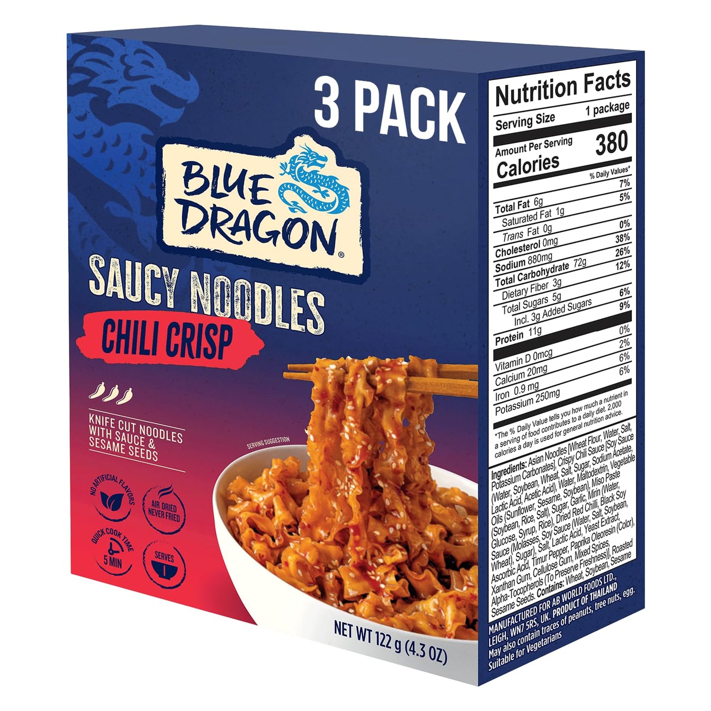 Blue Dragon Chili Crisp Saucy Noodles - 4.2oz (Pack of 6) - Knife Cut Thick Noodles w/Spicy Chili Crisp Sauce & Sesame Seed Garnish - Quick & Easy