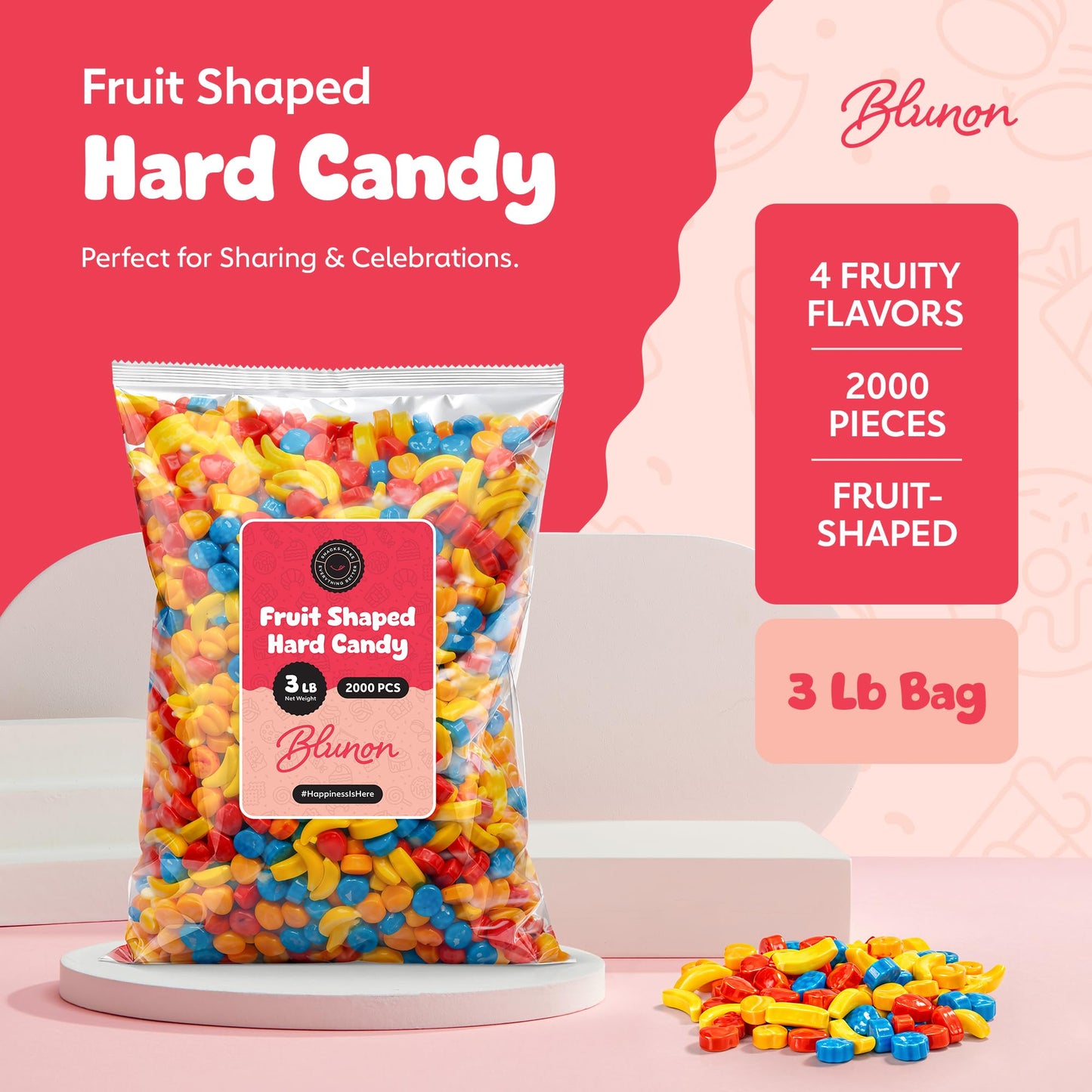 Fruit Shaped Hard Candy - 3 Pounds Bulk - Kids Candies Nostalgic - Gumball Machine Refills Candy Bar - 2000 Pieces