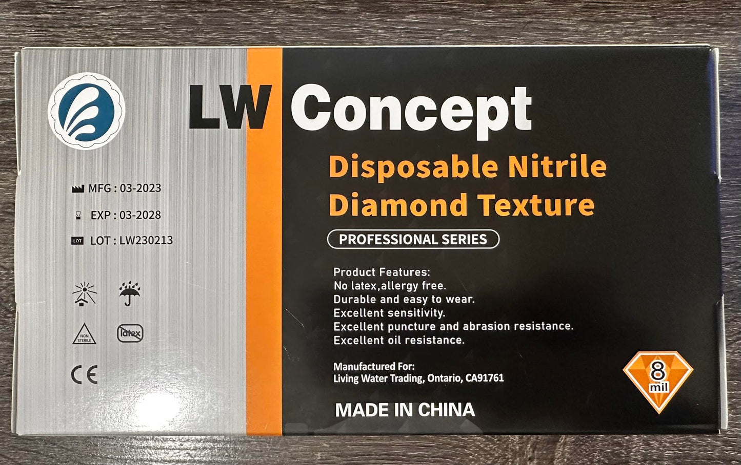 LW Concept Orange Nitrile Disposable Gloves, 8 Mil, Latex and Powder Free, Industrial, Food Safe, Raised Diamond Texture, Large, Case of 500
