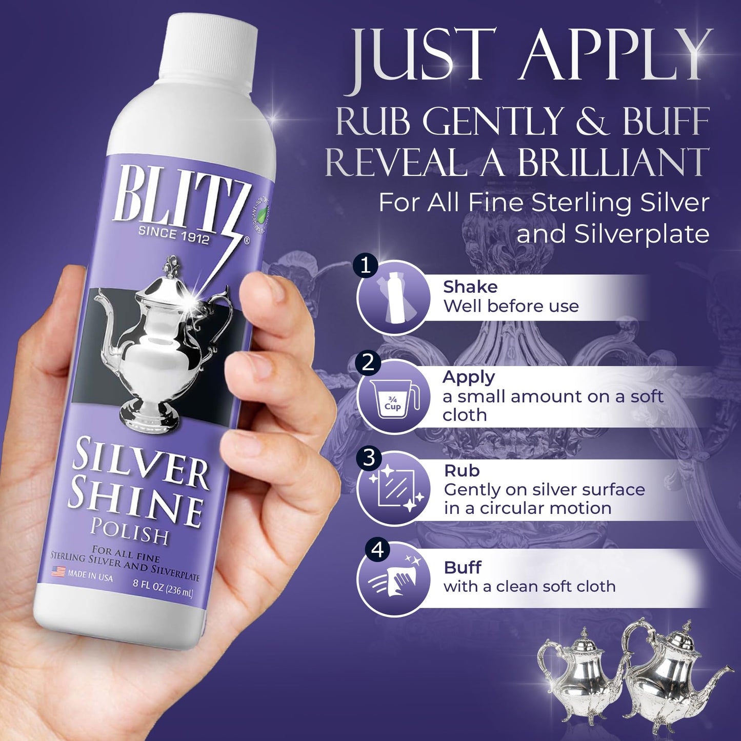 Blitz Silver Shine Polish Liquid Silver Polish for Sterling and Silverplate Jewelry, Dishes, Flatware, Fixtures, & Decor Non-Toxic, Non-Abrasive