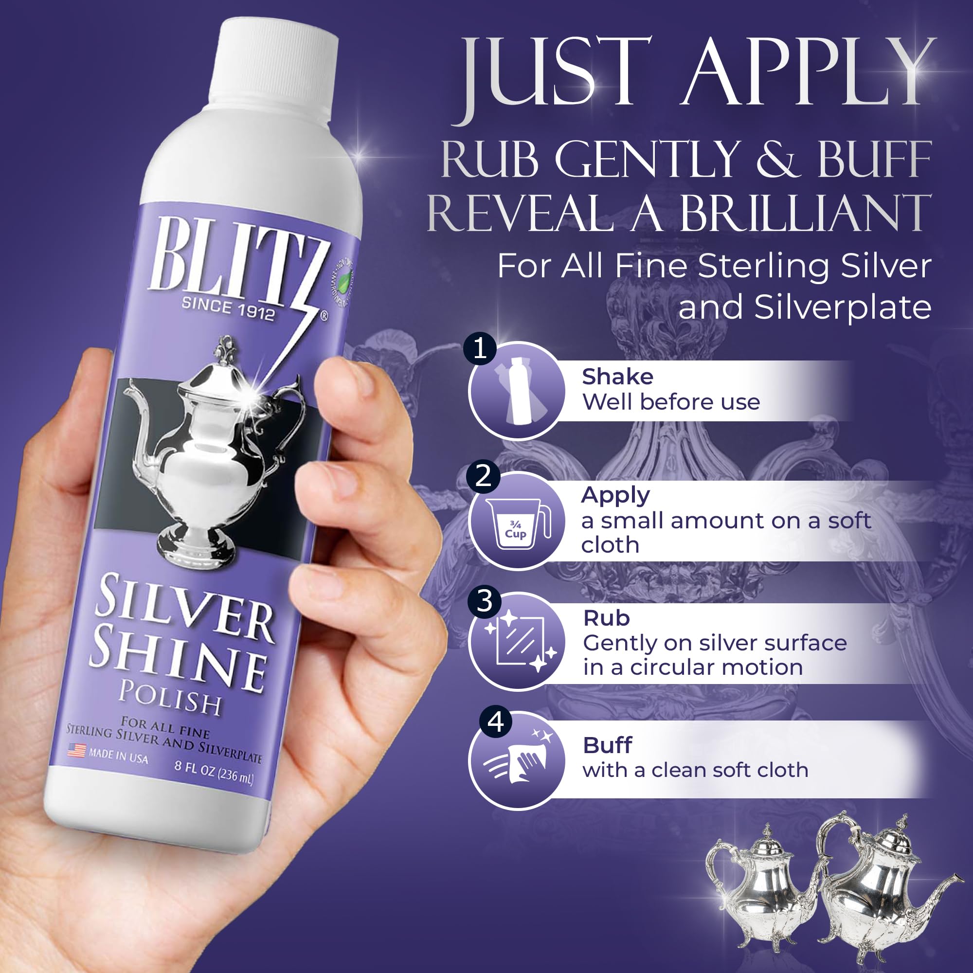 Blitz Silver Shine Polish Liquid Silver Polish for Sterling and Silverplate Jewelry, Dishes, Flatware, Fixtures, & Decor Non-Toxic, Non-Abrasive