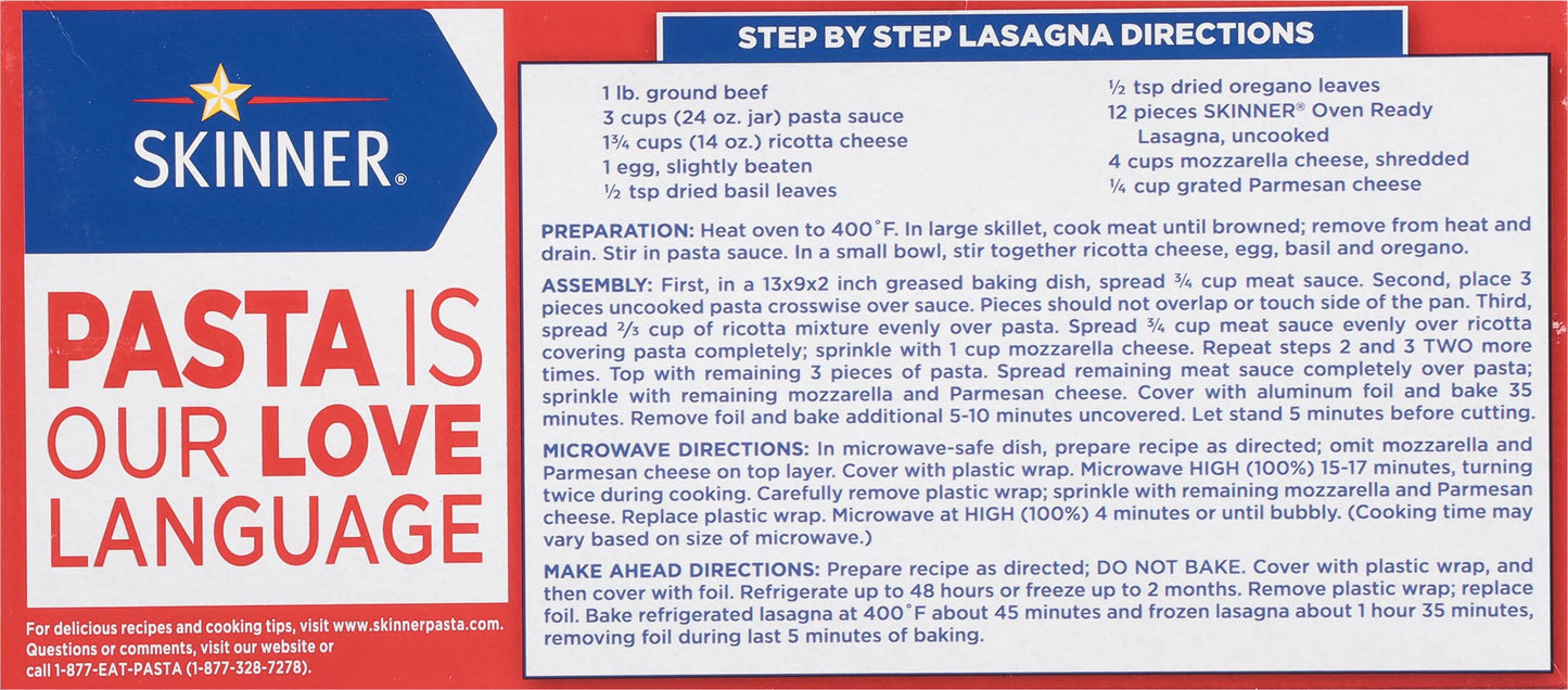 Skinner Oven-Ready Lasagna Pasta, (8 oz Each) - No-Boil, Easy-to-Layer Sheets for Homemade Lasagna