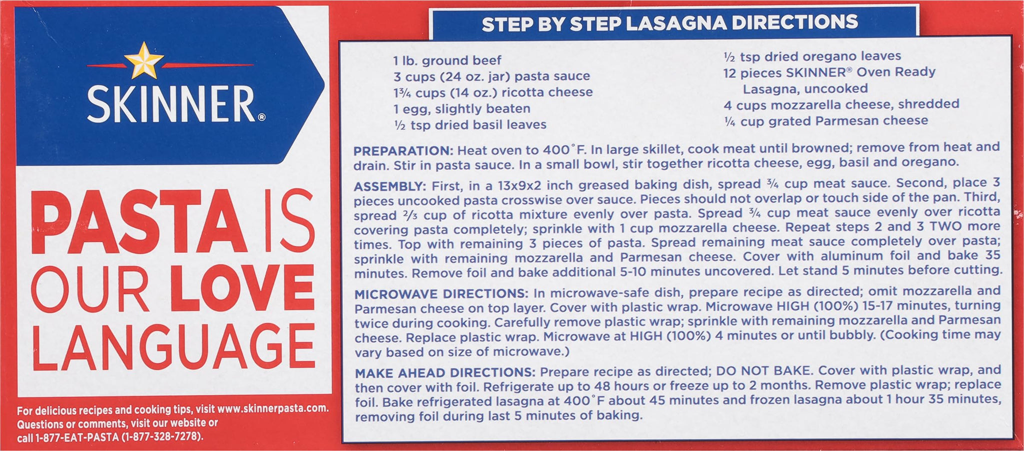 Skinner Oven-Ready Lasagna Pasta, (8 oz Each) - No-Boil, Easy-to-Layer Sheets for Homemade Lasagna