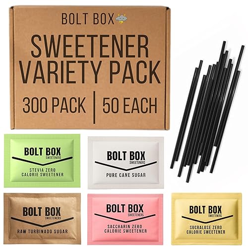 (300 total, 50 each) Bolt Box Sugar & Sugar Substitute Packets Assorted Variety Pack (Turbinado, Cane, Pink Saccharin, Yellow Sucralose, Green Stevia, Stir Straws)