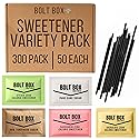 (300 total, 50 each) Bolt Box Sugar & Sugar Substitute Packets Assorted Variety Pack (Turbinado, Cane, Pink Saccharin, Yellow Sucralose, Green Stevia, Stir Straws)