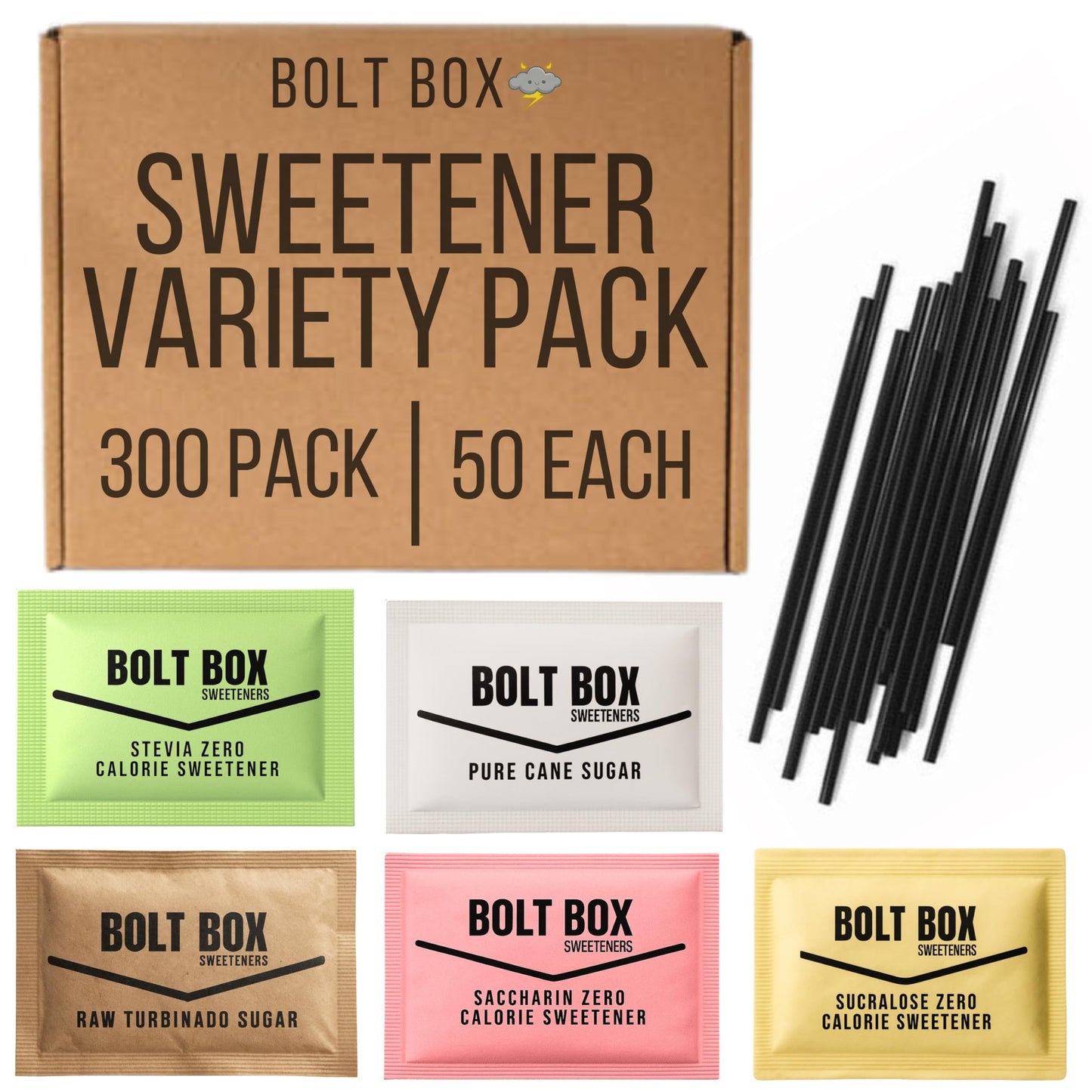 (300 total, 50 each) Bolt Box Sugar & Sugar Substitute Packets Assorted Variety Pack (Turbinado, Cane, Pink Saccharin, Yellow Sucralose, Green Stevia, Stir Straws)