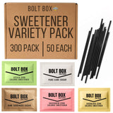 (300 total, 50 each) Bolt Box Sugar & Sugar Substitute Packets Assorted Variety Pack (Turbinado, Cane, Pink Saccharin, Yellow Sucralose, Green Stevia, Stir Straws)