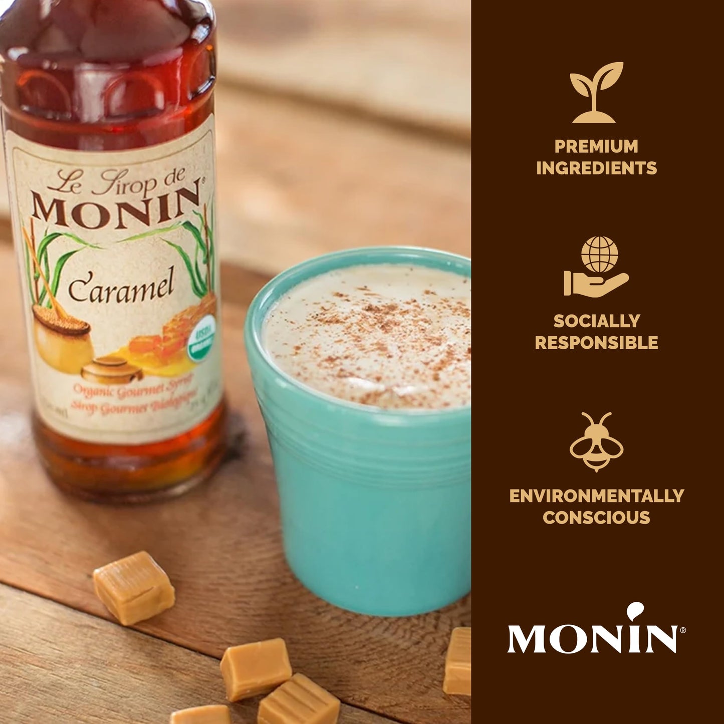 Monin - Organic Caramel Syrup | Premium Syrup for Coffee, Milkshakes, Cocktails & More (BPA-Free Glass Bottle, 750 ml)