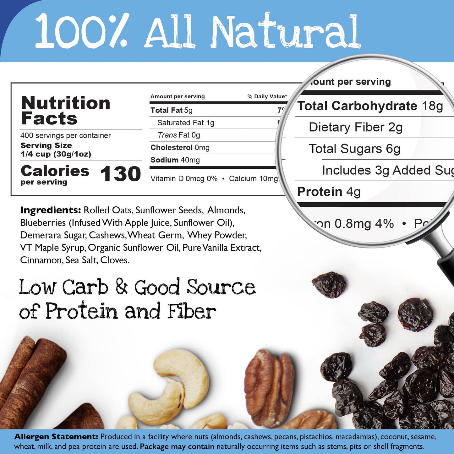 True North Granola - Granola Blues with Dried Blueberries, Almonds and Cashews, All Natural and Non-GMO, Bulk Bag, 25 lb.